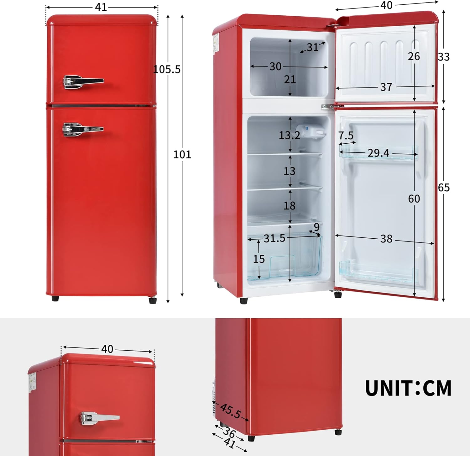 Merax Retro Kühlschrank 92L Kühl-Gefrierkombination, Zweitürig Mini Kühlschrank mit Gefrierfach 28L,Kühlschrank Freistehend, 7 Temperaturstufen,41x105,5 cm - Rot