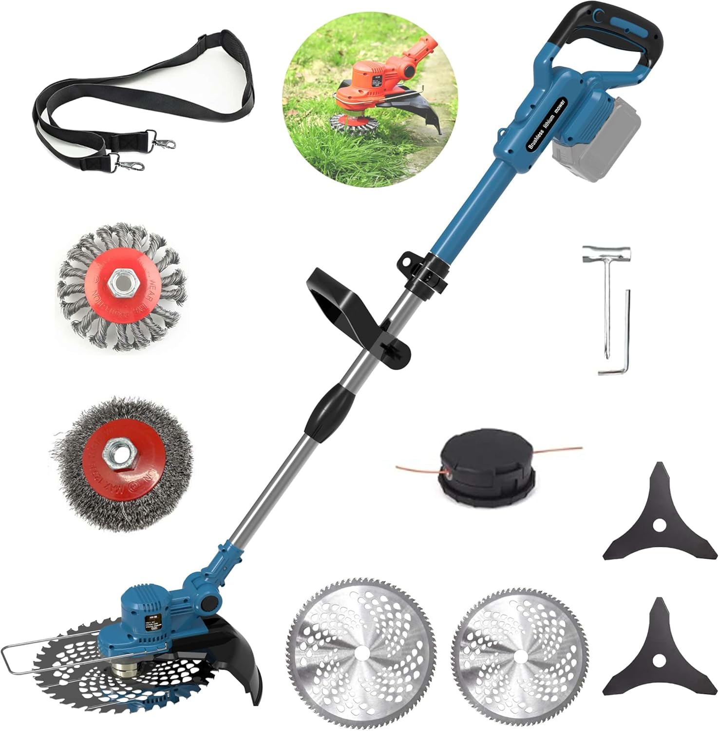 Akku Rasentrimmer für Makita-Akkus mit 5 Klingentypen Bürstenlose Rasentrimmer mit Unkrautbürste(ohne Akku) (Blue)