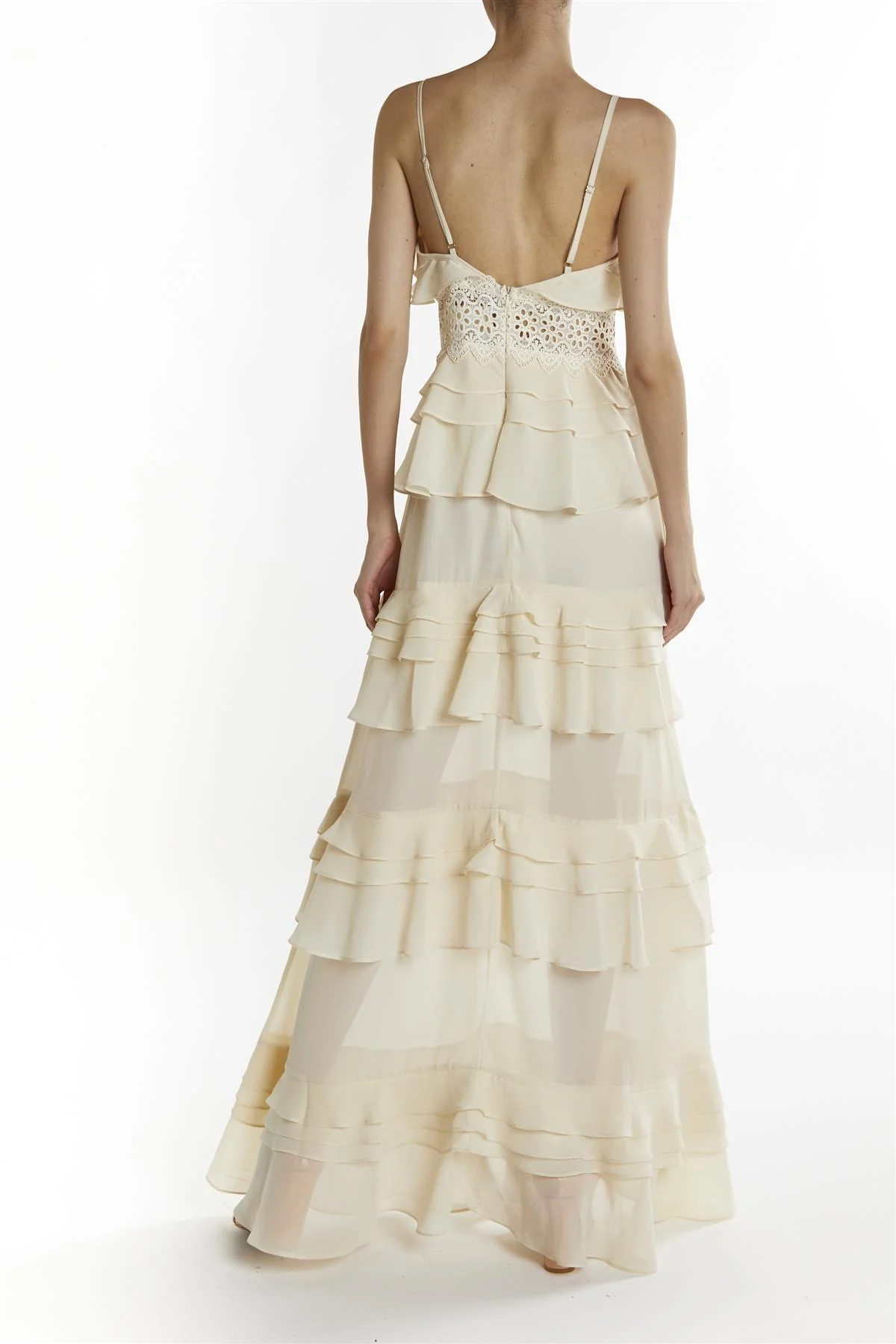 Cream Sophia Plunge Front Tiered Ruffle Maxi-Dress