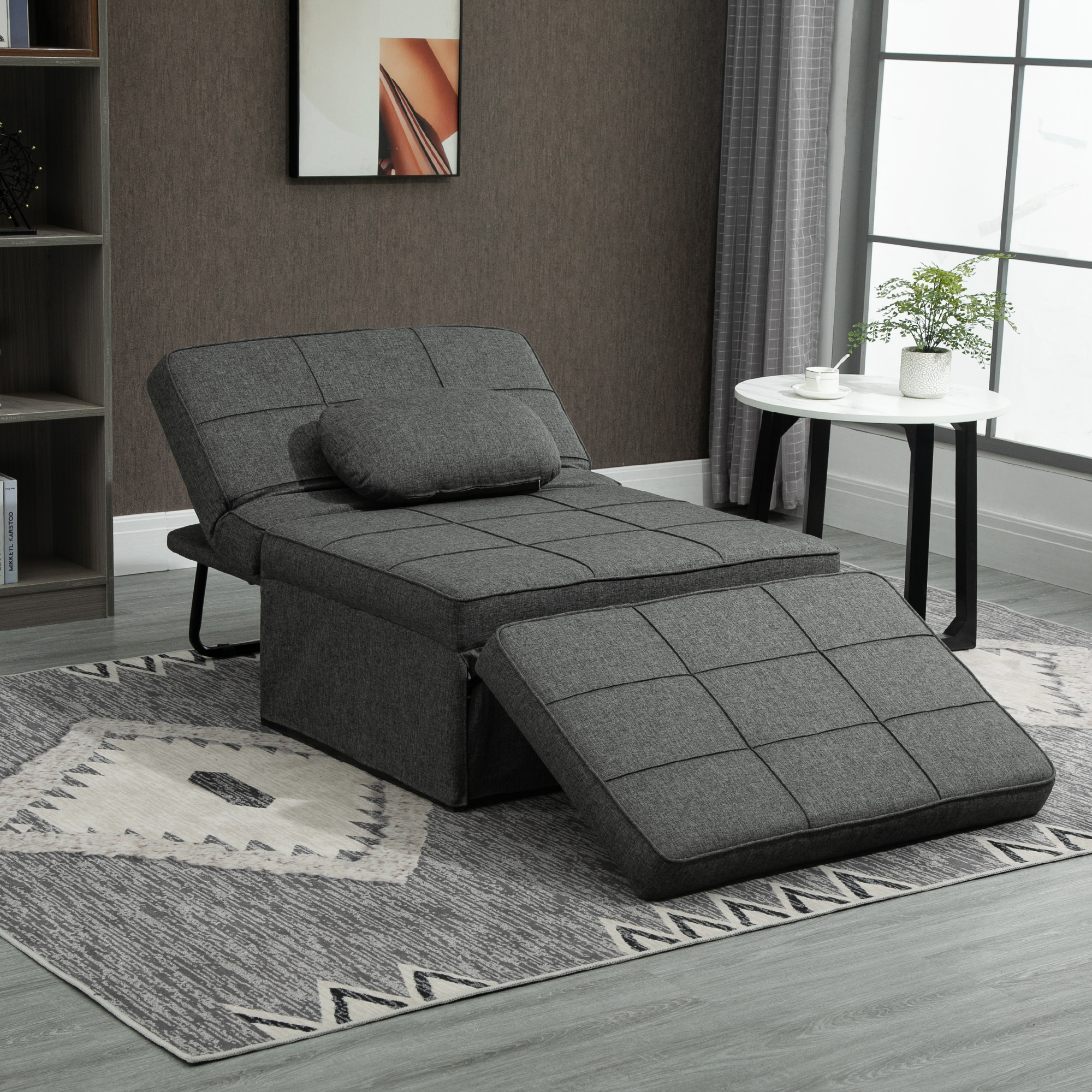 HOMCOM 3-in-1 Einzelsofa umwandelbarer Sessel Bett Liegestuhl Hocker - 5-fach verstellbare Rückenlehne klappbare Fußablage - 200 kg Traglast, Metallrahmen und grauer Leinenstoff