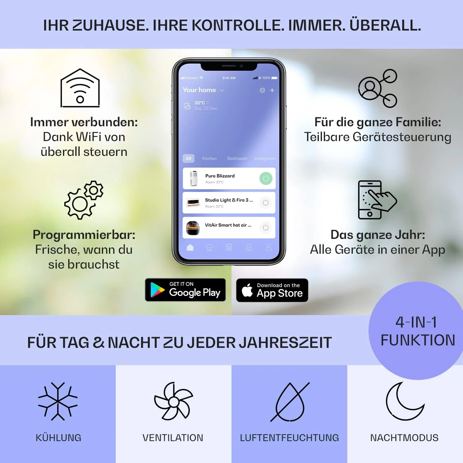 Klarstein Airconditioner, 4-in-1 Airconditioningsysteem, Luchtontvochtiger, Ventilator & Nachtmodus, Mobiele airconditioner met afvoerslang, App-bediening, Airconditioner voor ruimtes tot 44 m2, 9000 BTU, Wit