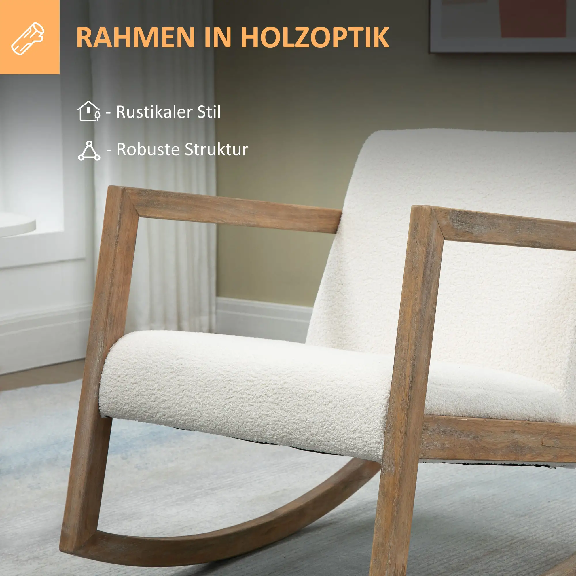 HOMCOM Schaukelstuhl Relaxstuhl mit Holzrahmen Teddyfleece cremeweiß