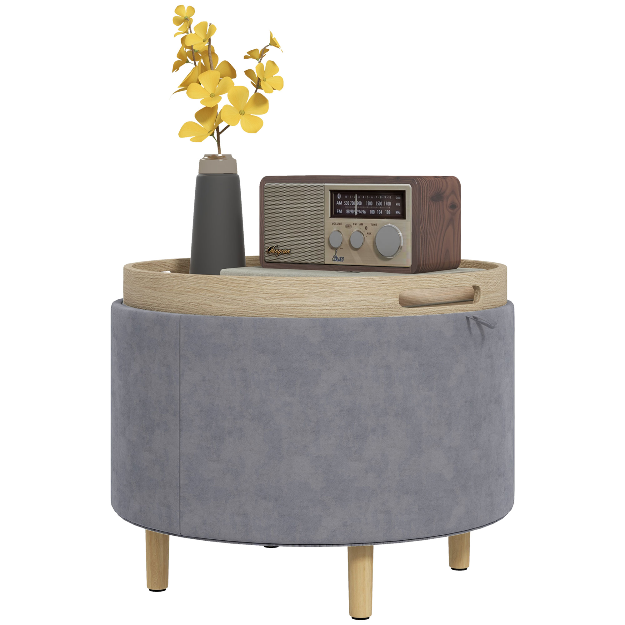 HOMCOM Aufbewahrungshocker aus Samt mit 120 kg max mit Umklappbarem Tablett, aus MDF und Eiche, 56x56x42 cm, Grau