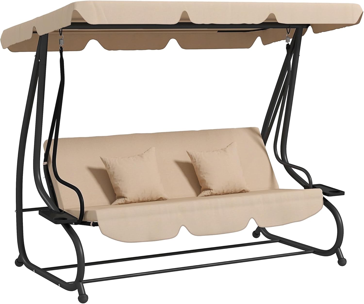 Outsunny Garden Swing Seat 3 Seater Convertible into Bed with Adjustable Roof and Cup Holder, Outdoor Steel and Polyester, 200 x 120 x 164 cm, Light Brown