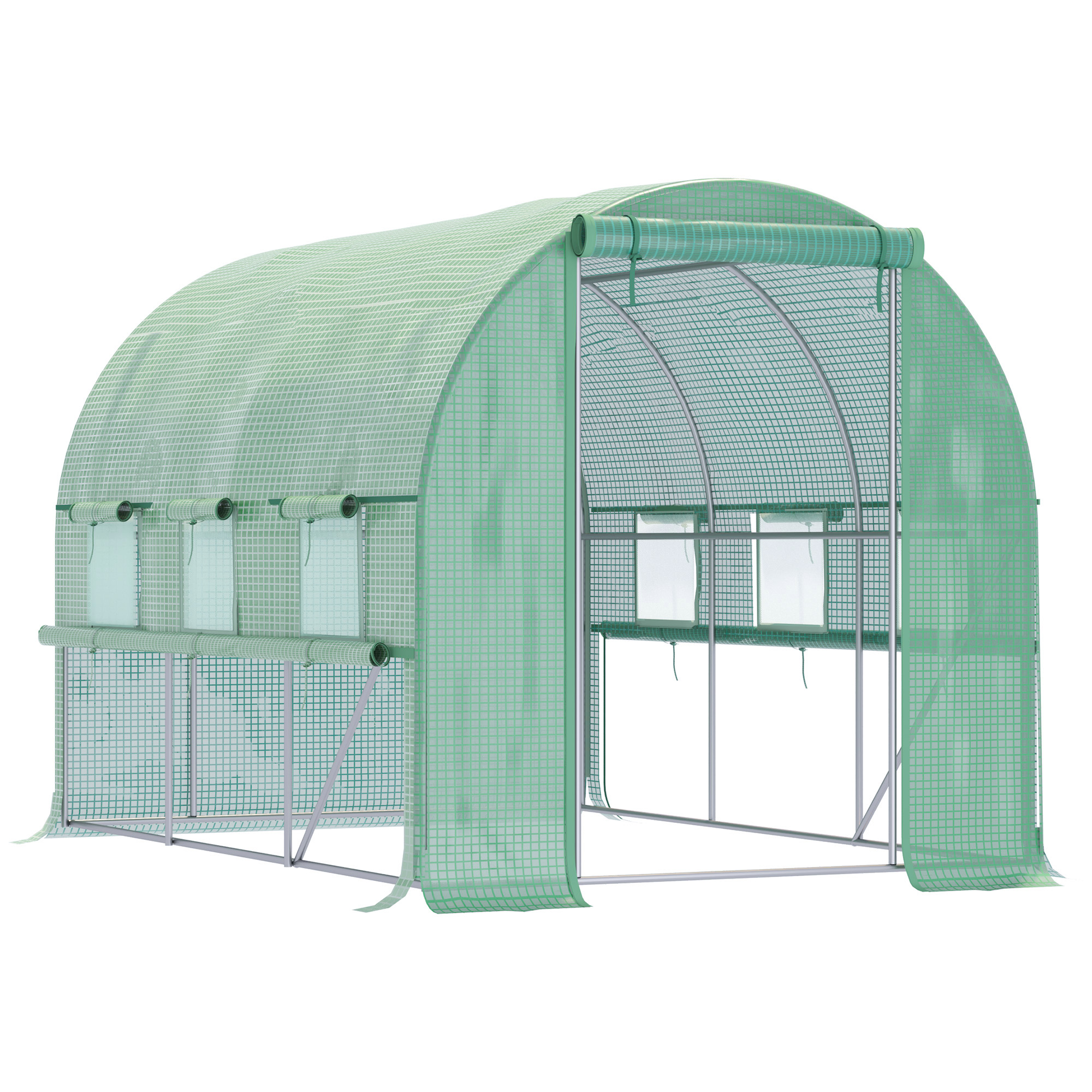Outsunny Foliengewächshaus, 6 aufrollbare Fenster, Tür mit Reißverschluss, rostfreier Stahlrahmen, 2,95 x 2 x 2 m, Grün