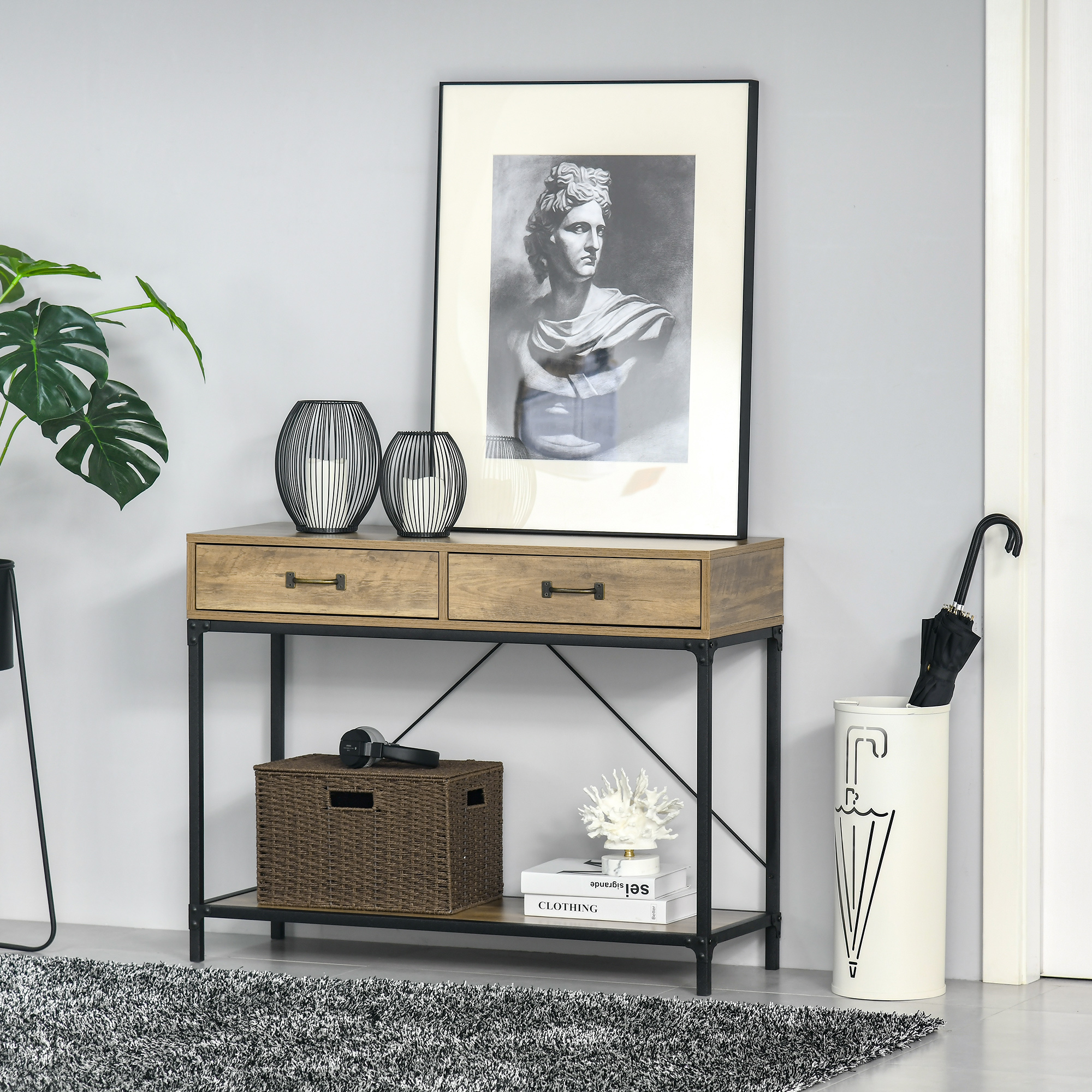 HOMCOM Konsolentisch Flurtisch mit Ablage und 2 Schubladen, 100 x 35 x 76,5 cm Beistelltisch Sofatisch Ausstellungstisch für Kleinen Raum, Eingang, Flur, Wohnzimmer Braun+Schwarz