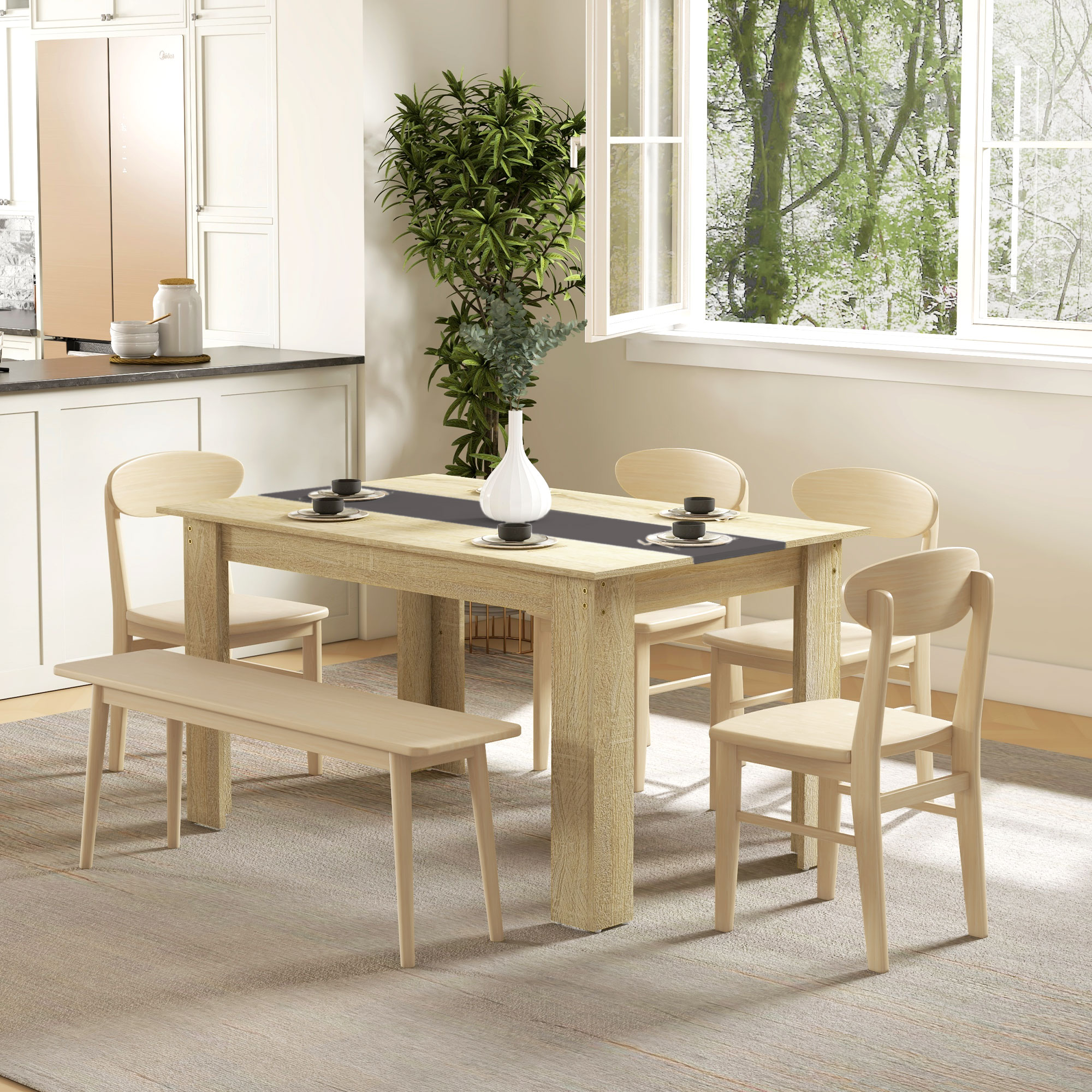 HOMCOM Esstisch für 6 Personen in natürlicher Eichenholzoptik und Schwarz, Maße 140L x 90B x 75H cm