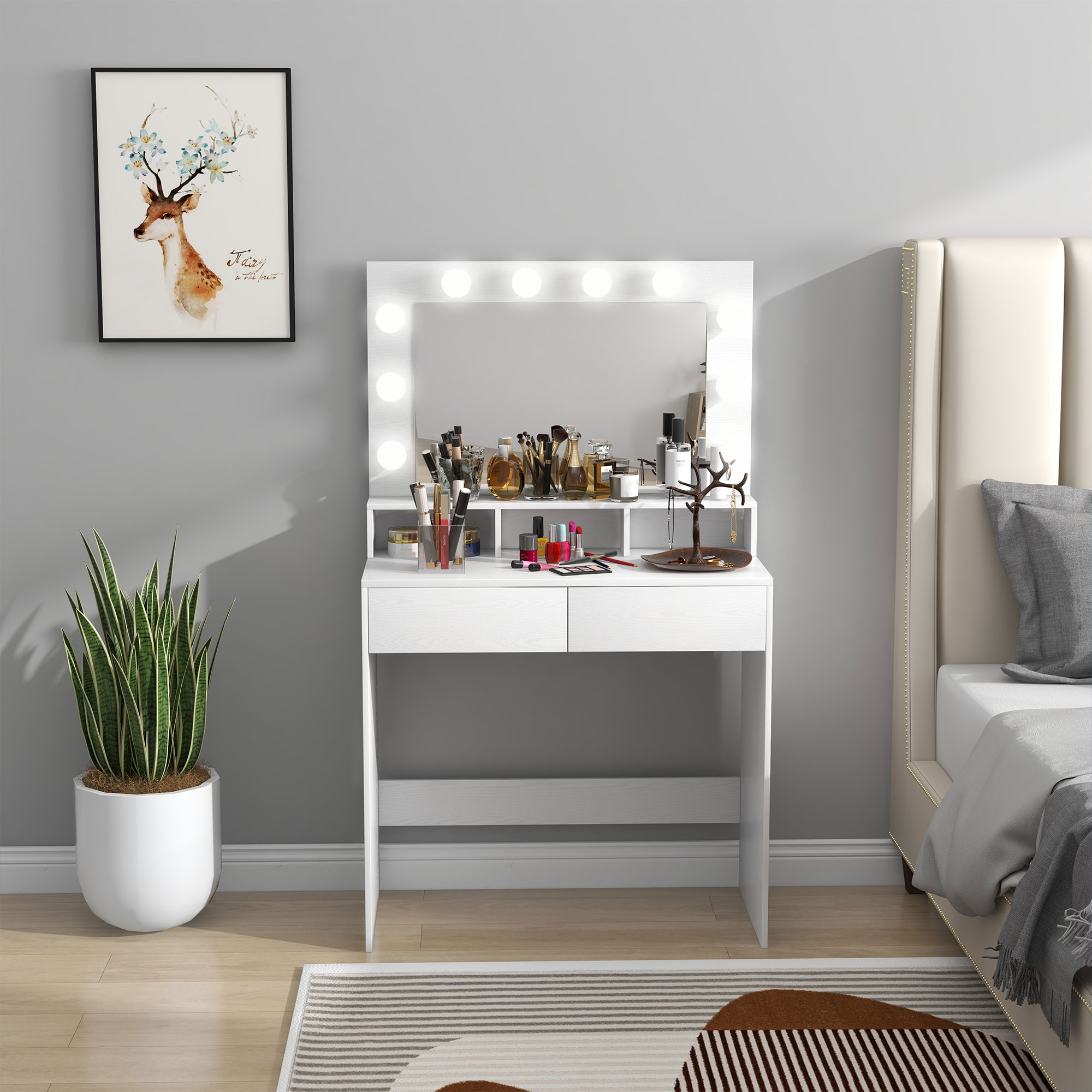 HOMCOM Coiffeuse mit Hollywood-Spiegel, Schubladen, 3 Beleuchtungsmodi, 10 Glühbirnen, 80 x 40 x 135 cm, Weiß