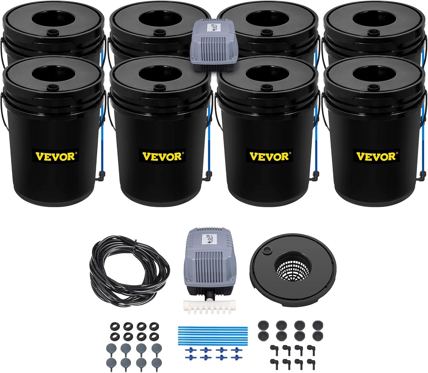 VEVOR DWC Hydroponic System  5 Gallon 8 Buckets  Deep Water Culture Growing Bucket  Hydroponics Grow Kit with Pump  Air Stone and Water Level Device  for Indoor/Outdoor Leafy Vegetables