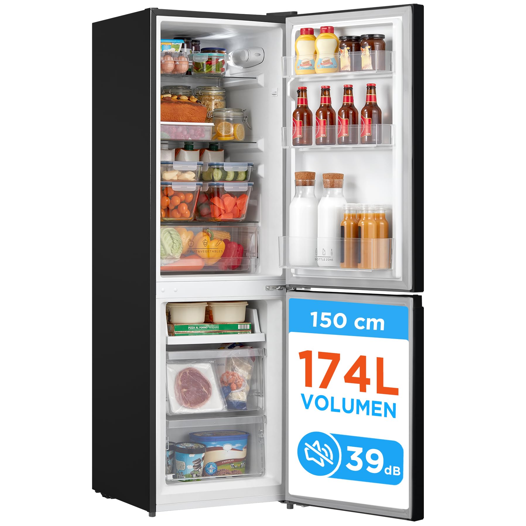Comfee 174L Kühl Gefrierkombination 150cm Höhe 39dB Low Frost 180 Grad Flipregal leise für Küche