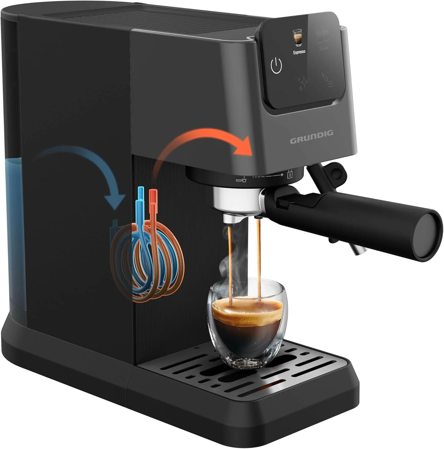 GRUNDIG KSM 5330 Espressomachine met ge?ntegreerd melkreservoir, 1628 W vermogen, 15 bar pompdruk, dubbele tuit, kleuren-touchscreen, BrewSense, CreamyPro, donker inox/zwart
