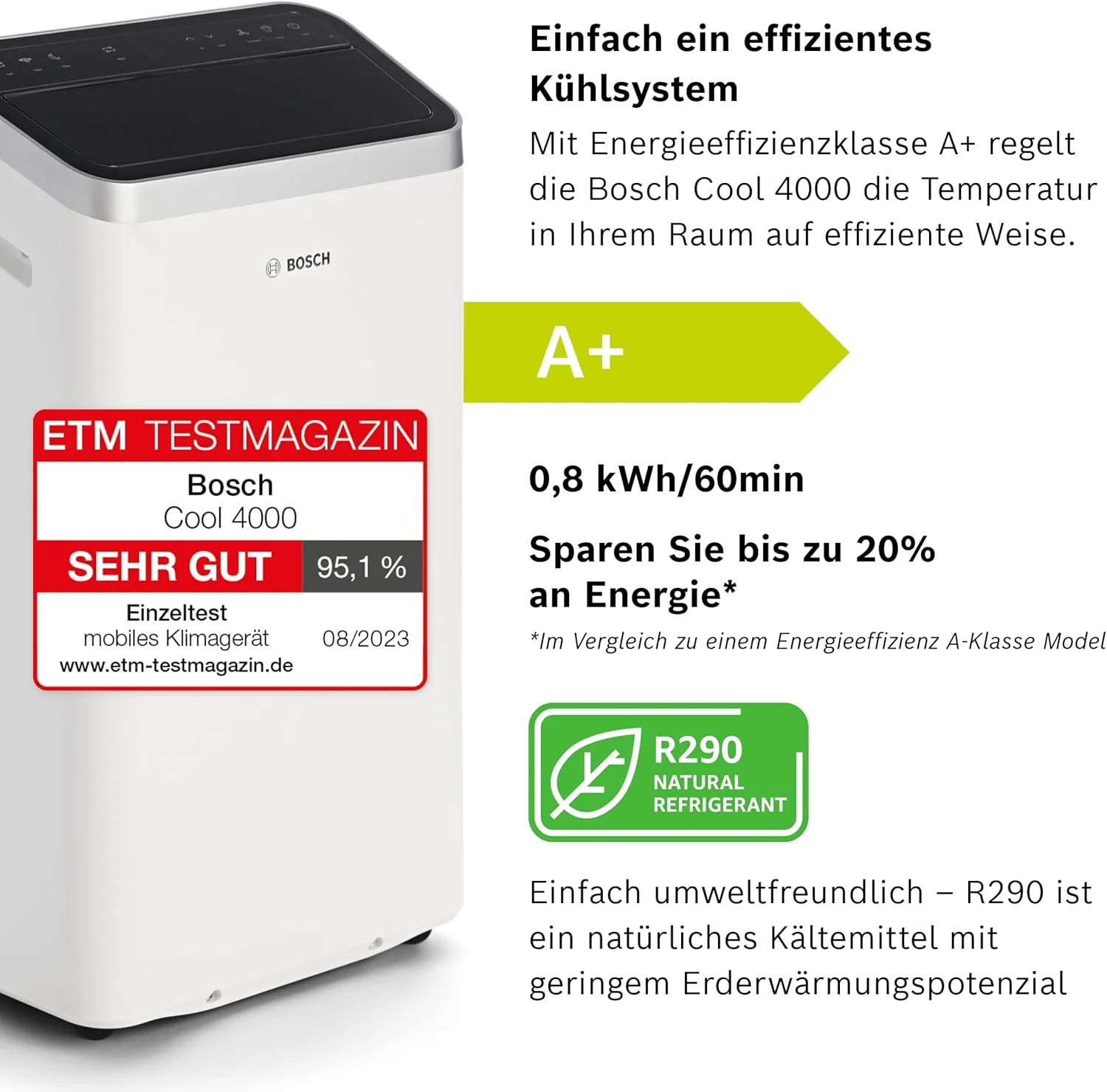 Bosch Cool 4000 Mobiele airconditioner - 3-in-1: Airconditioner, ontvochtiger, ventilator - 2,6 kW voor ruimtes tot 35 m2 - Met automatische modus, stille modus & slaapmodus