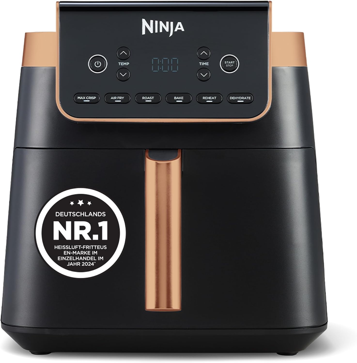 Ninja Heißluftfritteuse MAX PRO, 6,2 L, ölfrei, große Schublade, Rösten, Backen, Air Fry, Antihaftbeschichtet, Spülmaschinenfester Korb & Crisper Gittereinsatz, Silikonzange, Schwarz/Kupfer, AF180EUCP