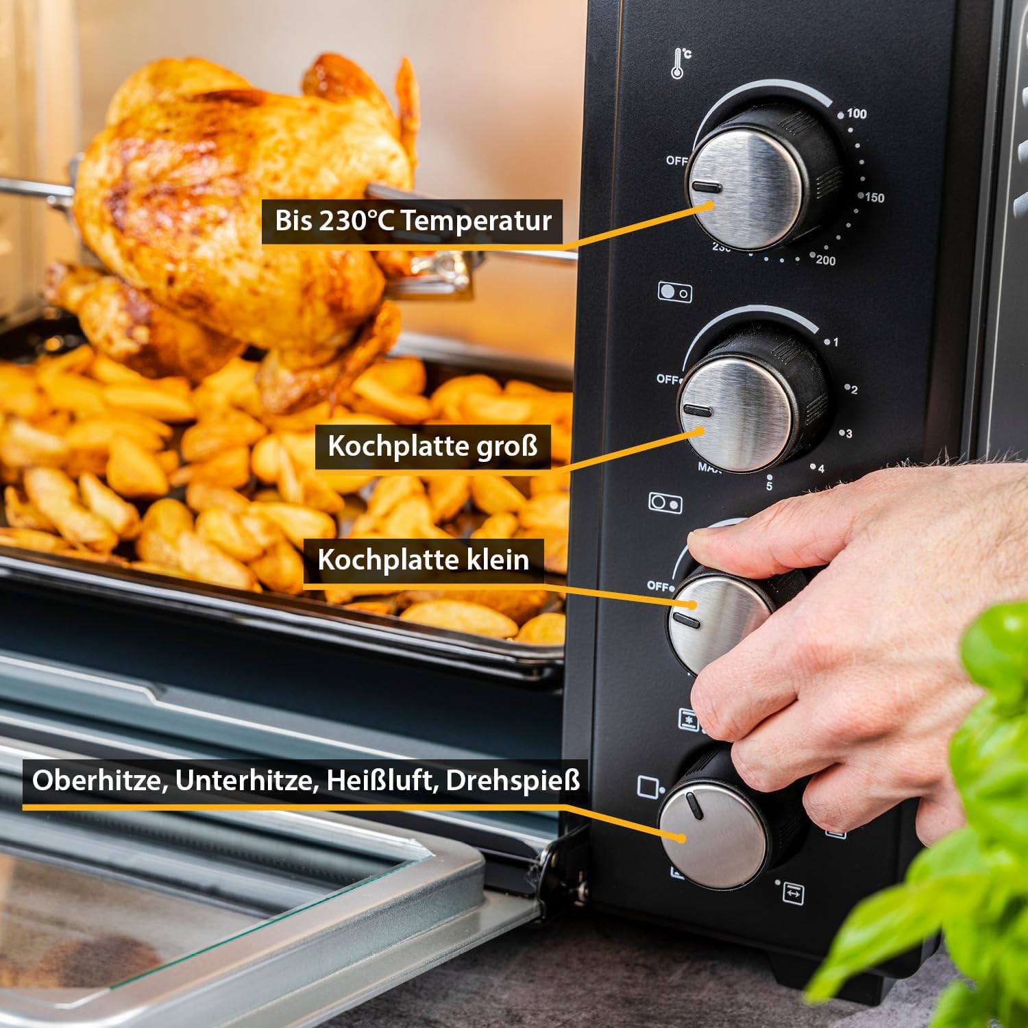 TZS First Austria Mini-Backofen mit Kochplatten | 45 Liter Fassungsvermögen, 3200W, Umluft, max 230°C | Backblech, Drehspieß, Grillrost, Innenbeleuchtung | kompakt für Camping, Wohnheim & Kleinküchen