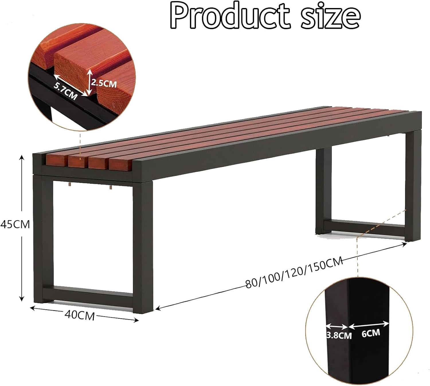 Metal Garden Bench, Backless Patio Benches, Outdoor Patio Benches, Weatherproof Metal Frame and Solid Wood Seat Length 150cm