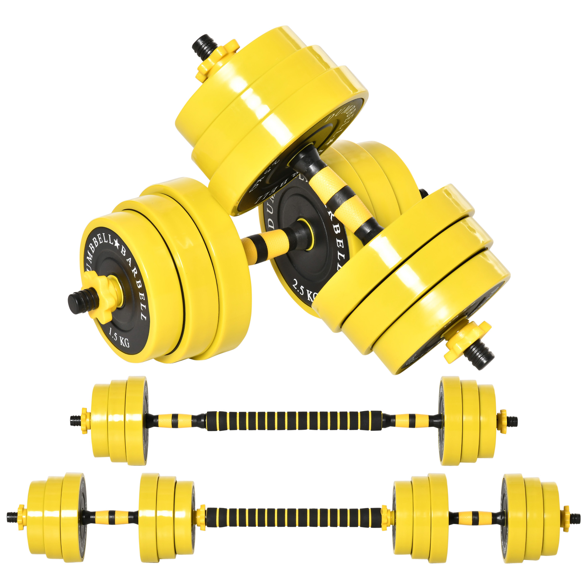 HOMCOM 25 kg Hantel & Langhantel,Einstellbare ergonomische 3-in-1 Hantelset,12 × Platten,2 × Kurze Stöcke,1 × Langer Stock,Gelb+Schwarz
