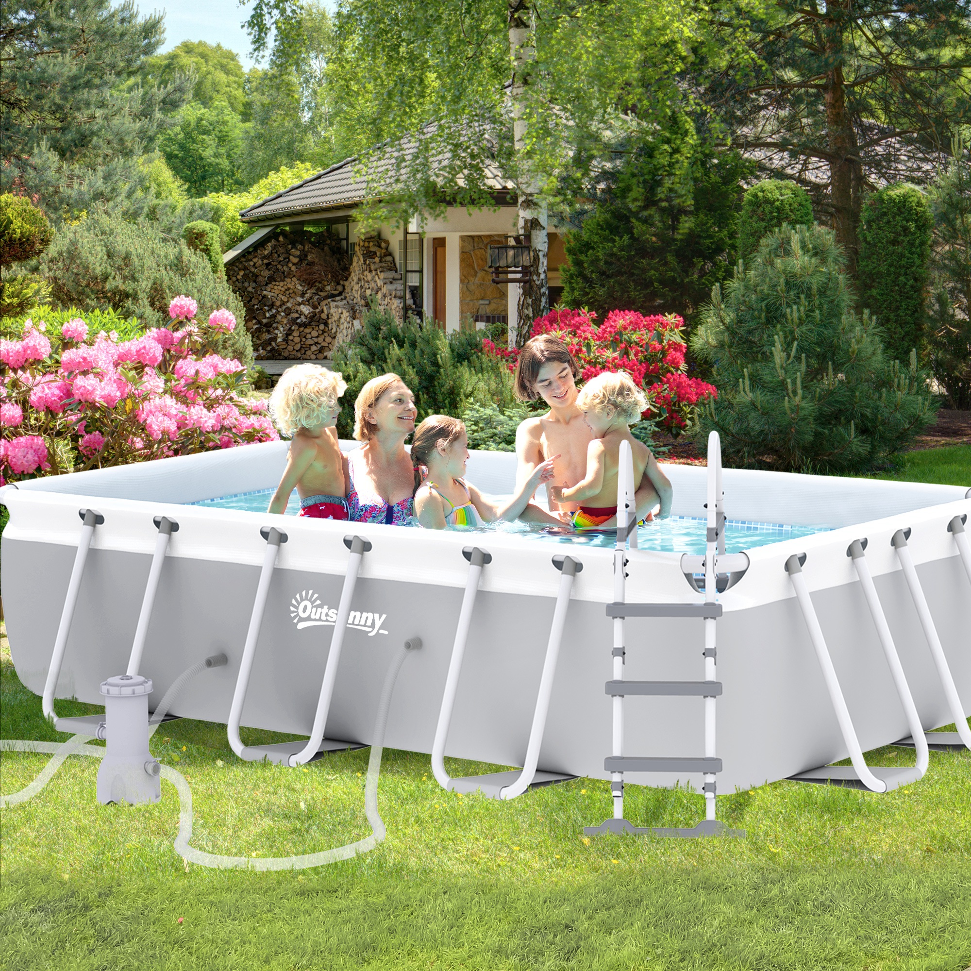 Outsunny Rechteckiger Aufstellpool mit Leiter, Pumpe und Filter, aus Stahl und PVC - 425L x 230B x 101H cm, grau