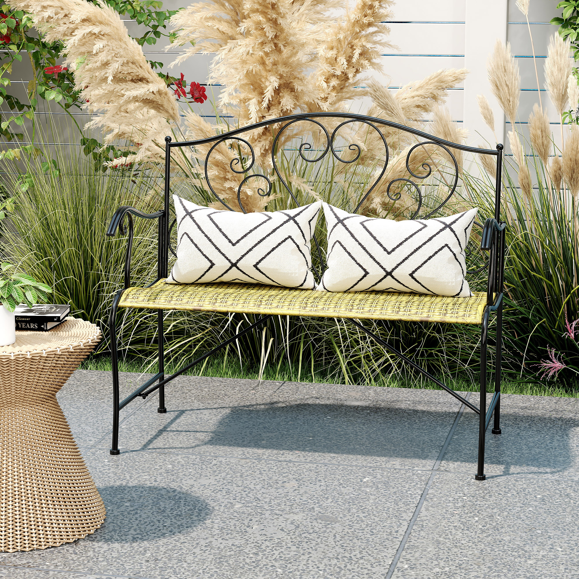 Outsunny Gartenbank 2-Sitzer im neo-retro Stil Schmiedeeisen Schlanken Linien Metall Schwarz Goldfarben Effekt Vintage