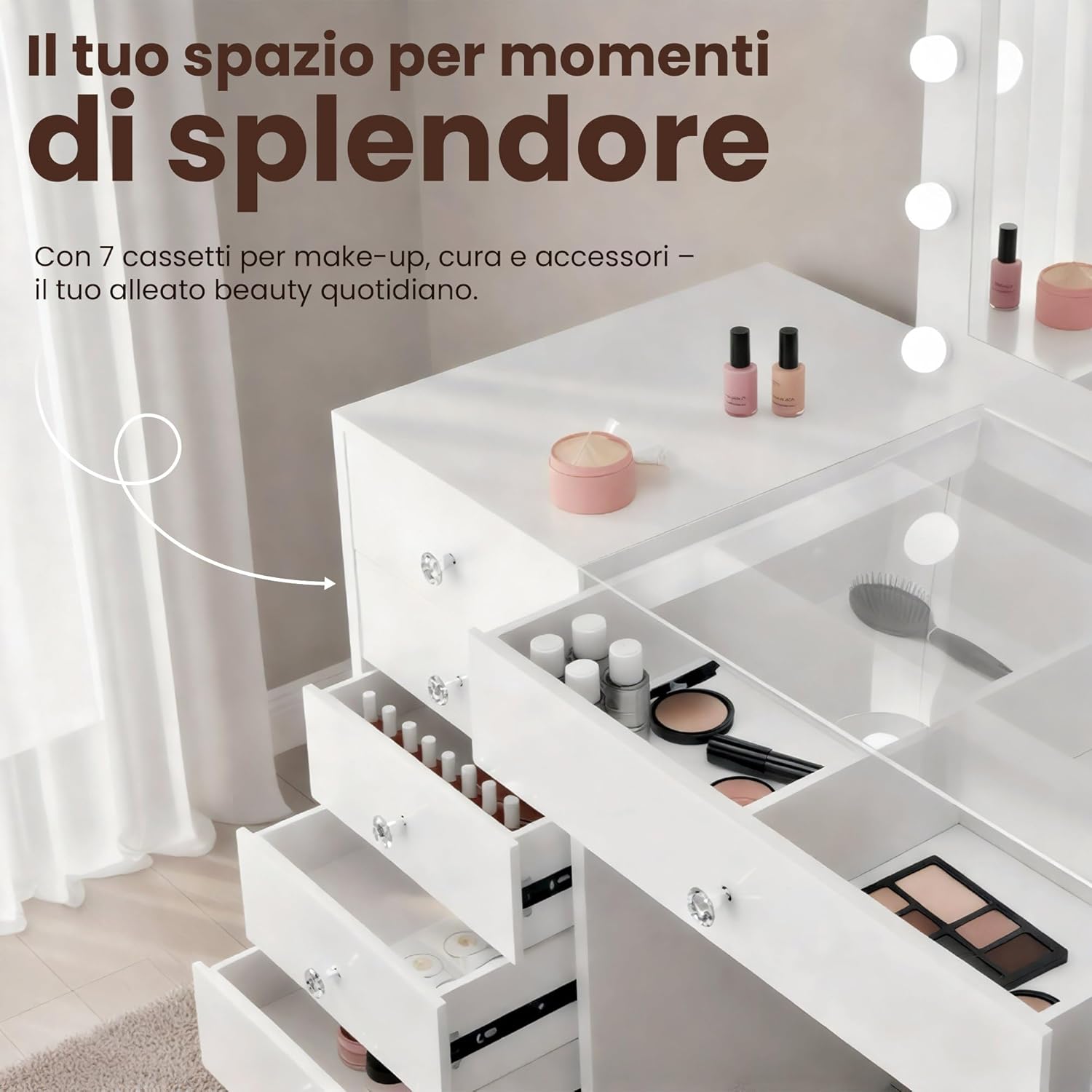 CLP Atalla Makeup Table with Lighting and Mirror, 100 x 80 cm, Hollywood LED Mirror with 3 Light Shades, USB-A and USB-C Sockets, Colour: White