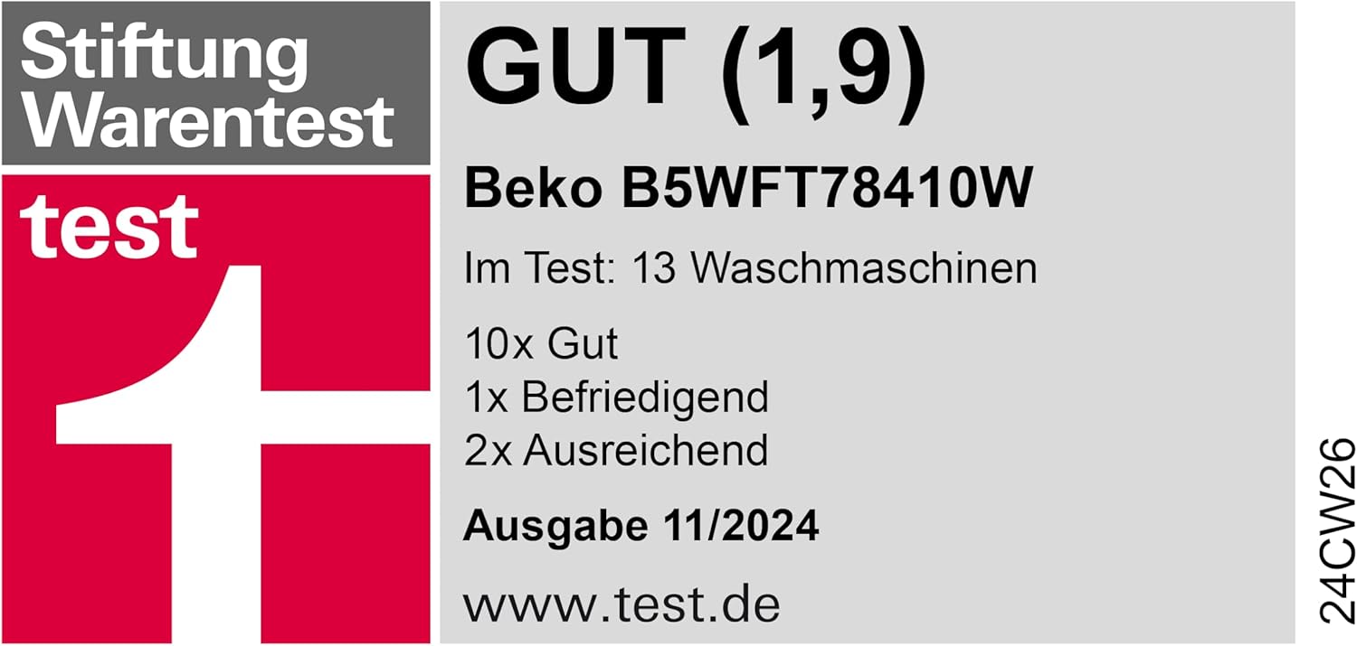 Beko Waschmaschine 8kg, Stiftung Warentest GUT (1,9)*, 1400 U/min, SteamCure Dampffunktion, AquaWave Schontrommel, StainExpert Programm, B5WFT78410W, Weiß