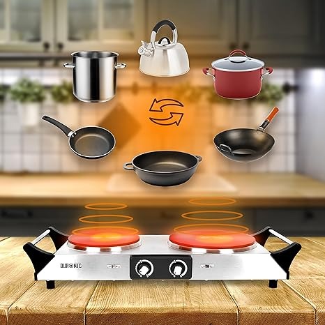 Duronic HP2 SS Fornello Elettrico 2500W 2 Piastre in Ghisa con Manici Termoisolati Temperatura Regolabile Piano Cottura Portatile per Campeggio Viaggi Ufficio e Casa Acciaio Inox Argento