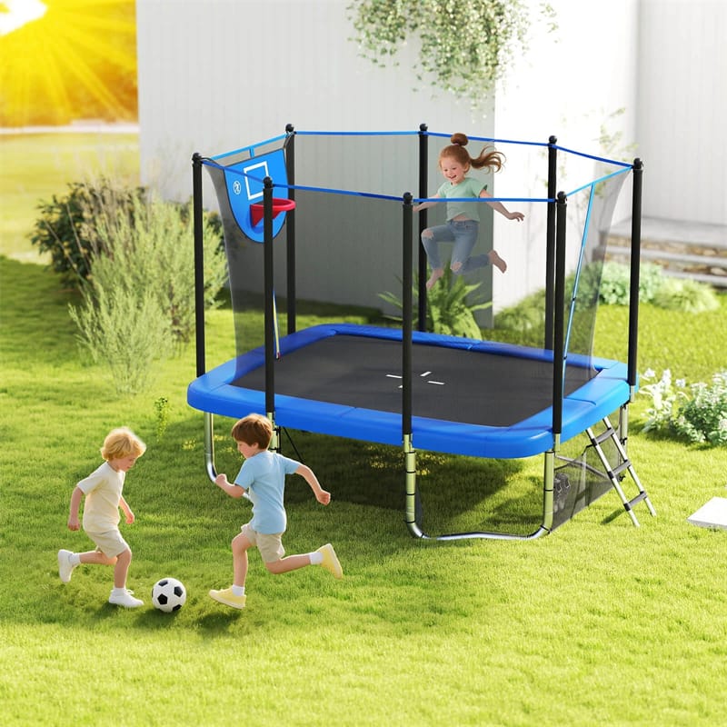 10x8 FT Rectangular Trampoline with Basketball Hoop, Soccer Goal, Enclosure Net, ASTM Approved Heavy-Duty Outdoor Trampoline for Kids & Adults