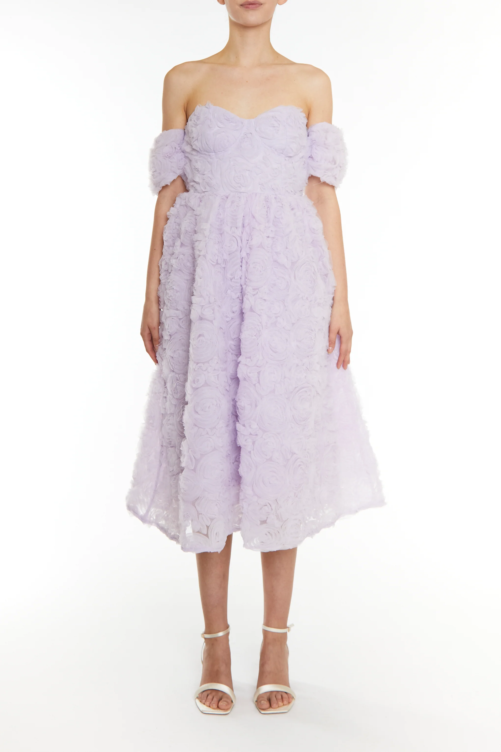 Amelia Lilac 3d Applique Bardot Bust Cup Midi Dress