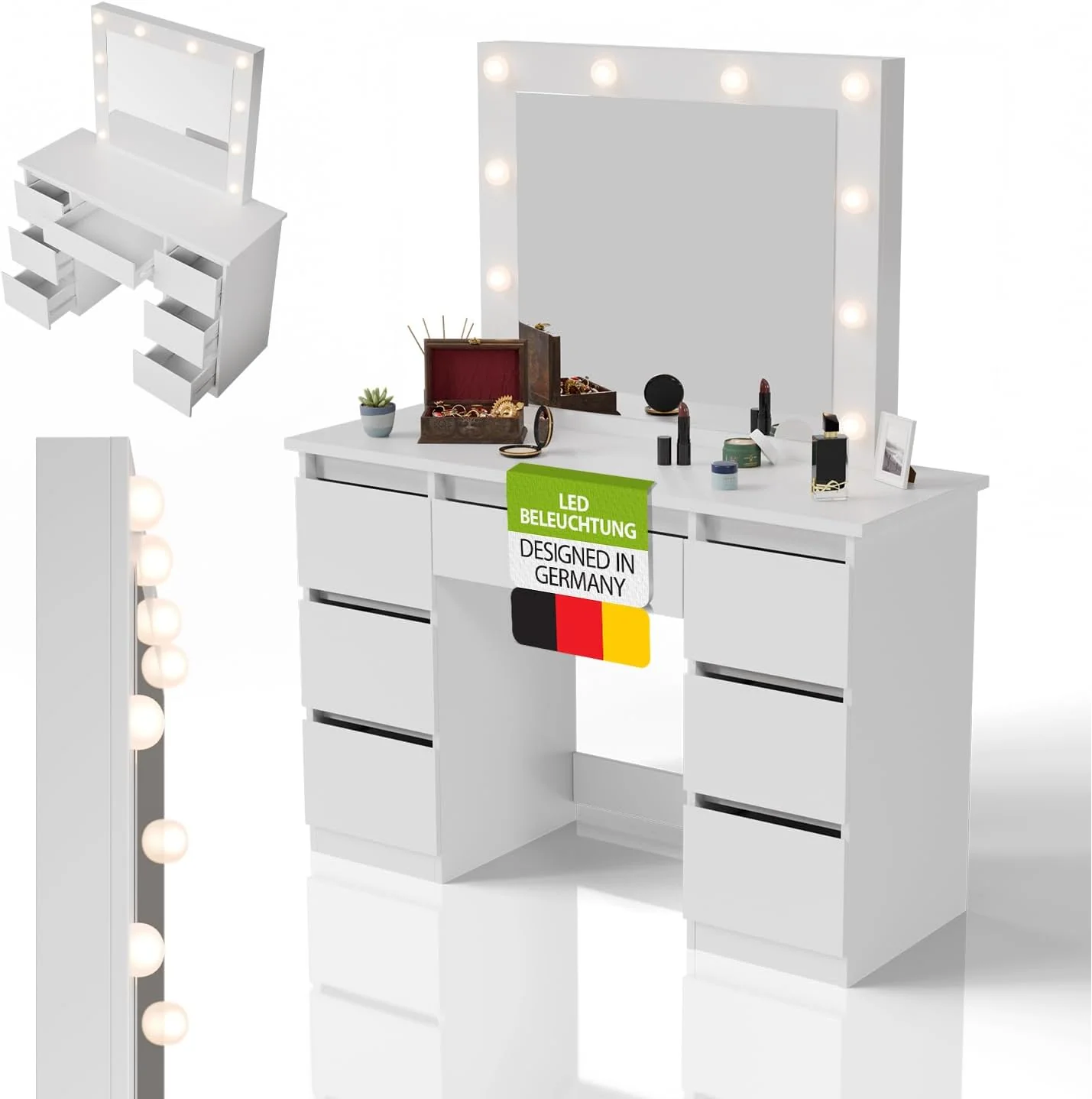 Juskys Schminktisch, Braun, Talea mit LED-Spiegel, 7 Schubladen, individuelle Lichteinstellung, viel Stauraum