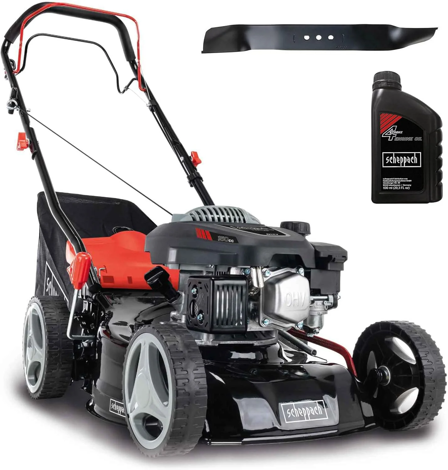 Scheppach Benzin Rasenm?her MS150-42 - 3,5PS | Schnittbreite 42cm | Radantrieb | Stahlgeh?use | Reinigungsfunktion | Mulchfunktion | 45 Liter Fangkorb | H?henverstellung in 7 Stufen (25-75mm)