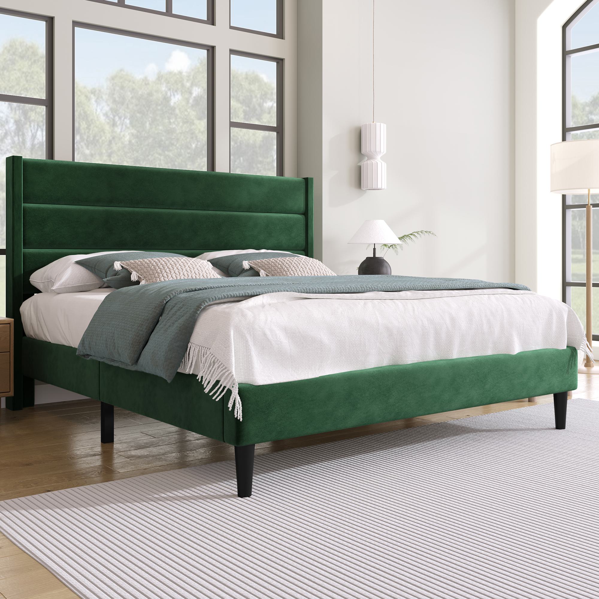 Doppelbett mit Lattenrost und Kopfteil, Bezug in Samtoptik, modernes Design, ohne Matratze, 140x200 cm, Grün