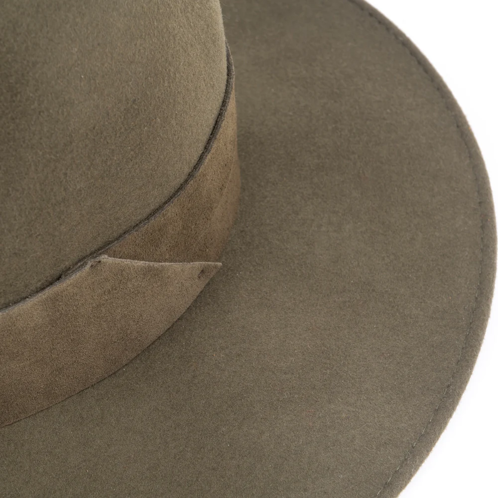 Wool Wide Brim Olive Hat with Large Suede Leather Band �?Stylish & Durable