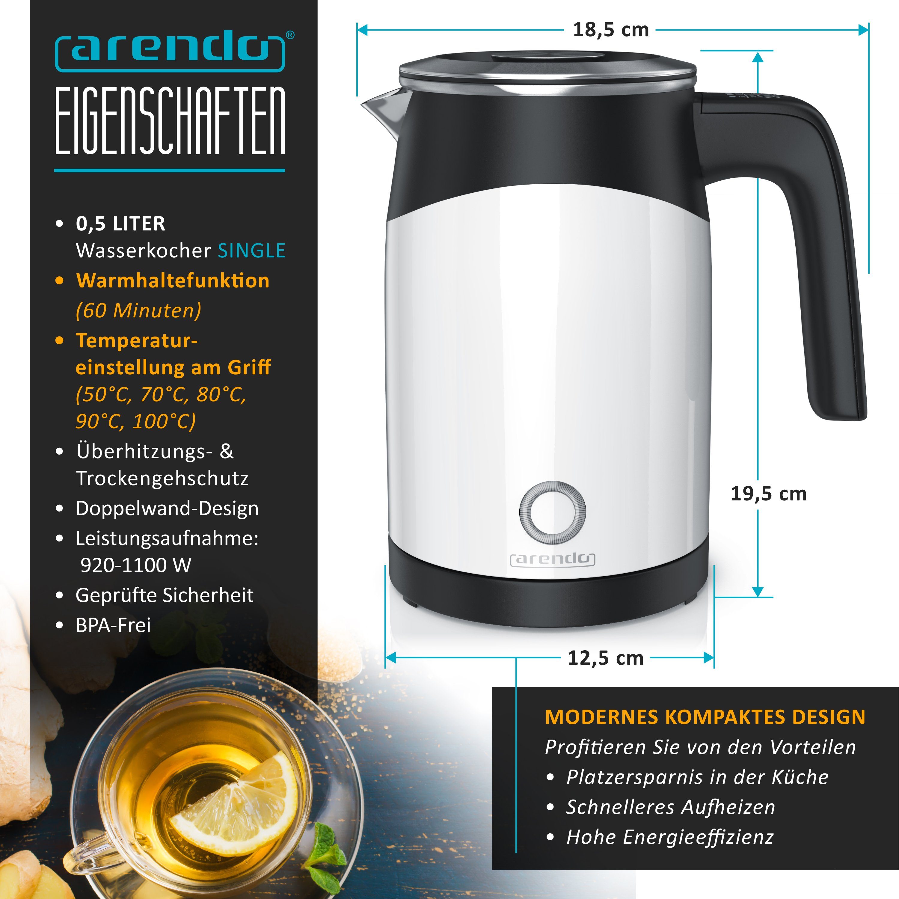 Wasserkocher aus Edelstahl, Reisewasserkocher Mini, Temperatureinstellung, Single