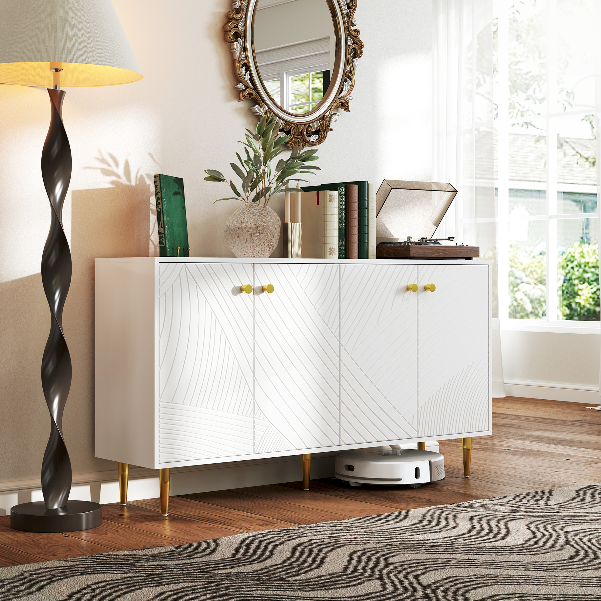 HOMCOM Buffet Wohnzimmer Aufbewahrungsschrank mit verstellbaren Regalen, Türenschränken, 140 x 35 x 77,5 cm, Weiß
