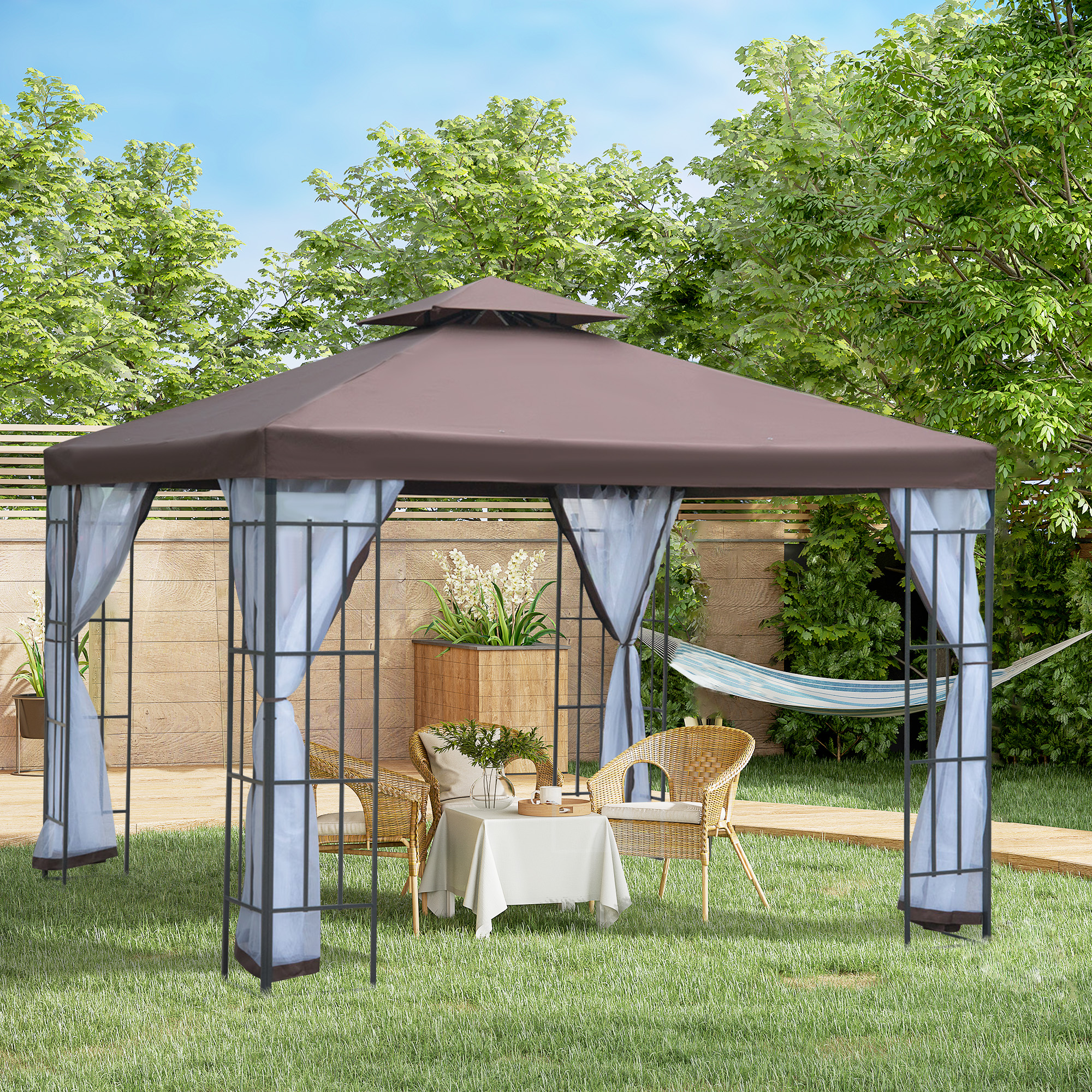 Outsunny Pavillon Gartenpavillon mit Moskitonetze Seitenwände, Partyzelt mit Doppeldach, Gartenzelt Festzelt 2,97x2,97m
