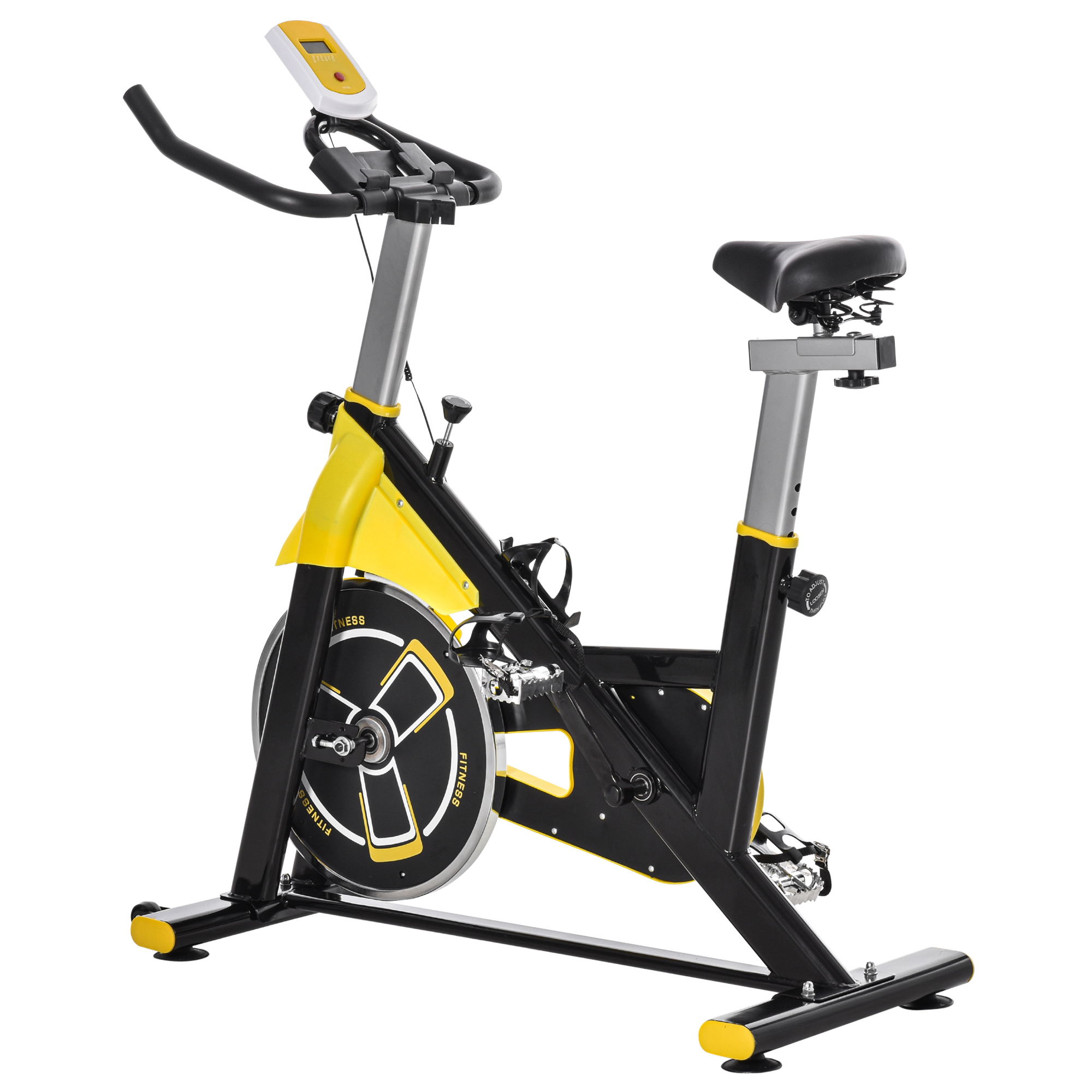 fietstrainer in hoogte verstelbare hometrainer fitness fiets rollertrainer met riemaandrijving LCD display staal ABS geel + zwart 50 x 100 x 101-113 cm