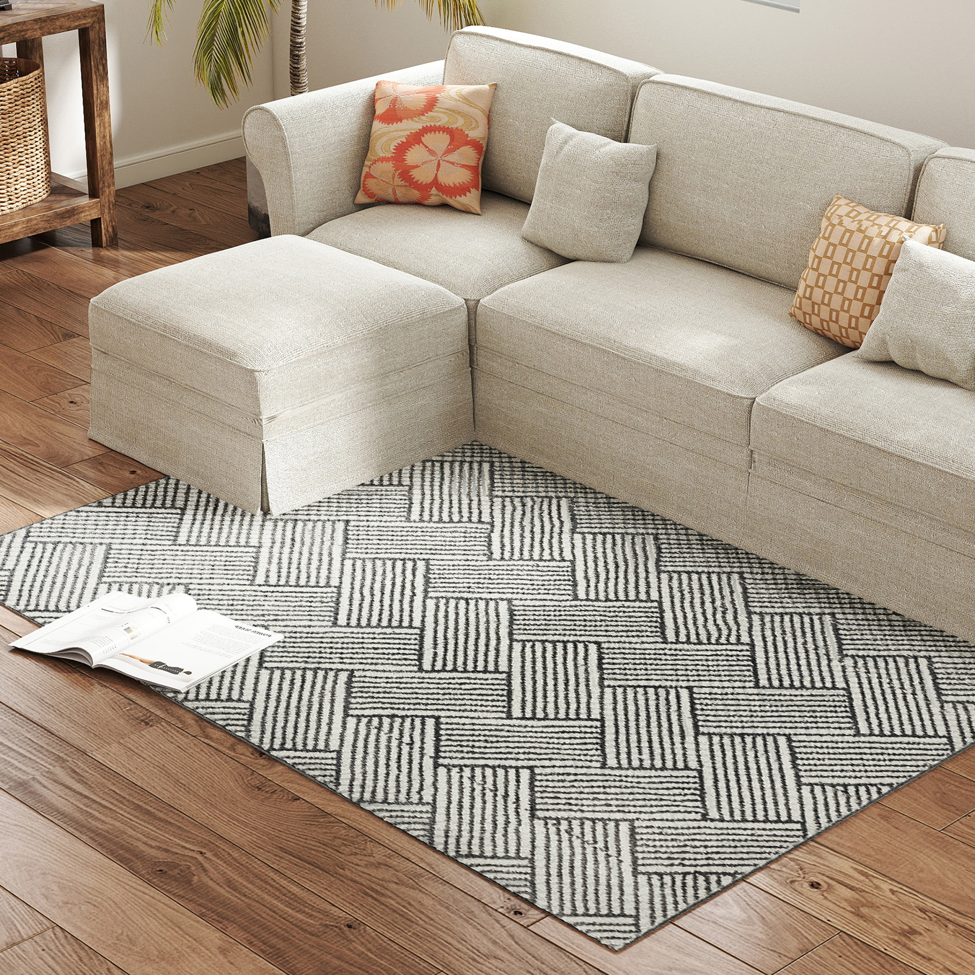 HOMCOM Teppich Wohnzimmer 170 x 120 cm Kurzflor maschinenwaschbar hypoallergen für Wohnzimmer, Schlafzimmer, Büro, hellgrau