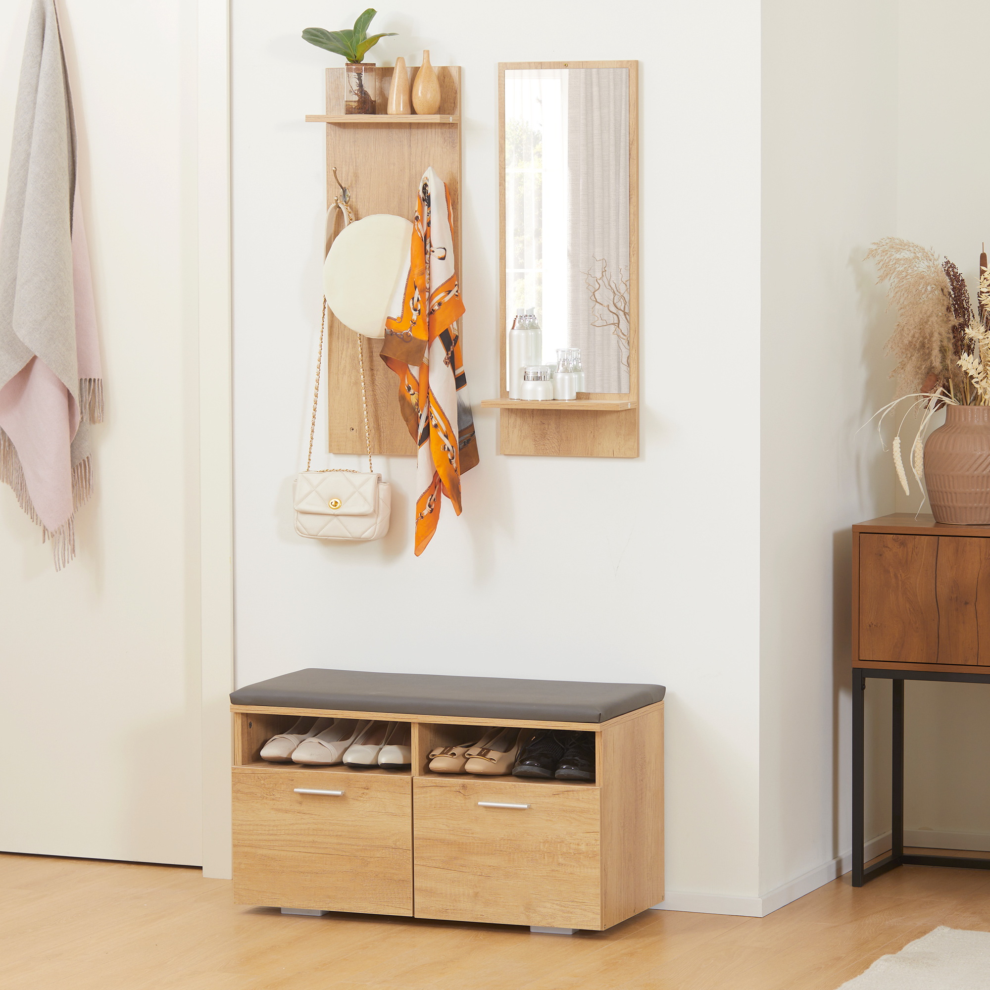 HOMCOM Eingangs-Set Flurgarderobe, 1 Spiegel mit Regal, 1 Garderobenständer mit Regal, 1 Schuhbank