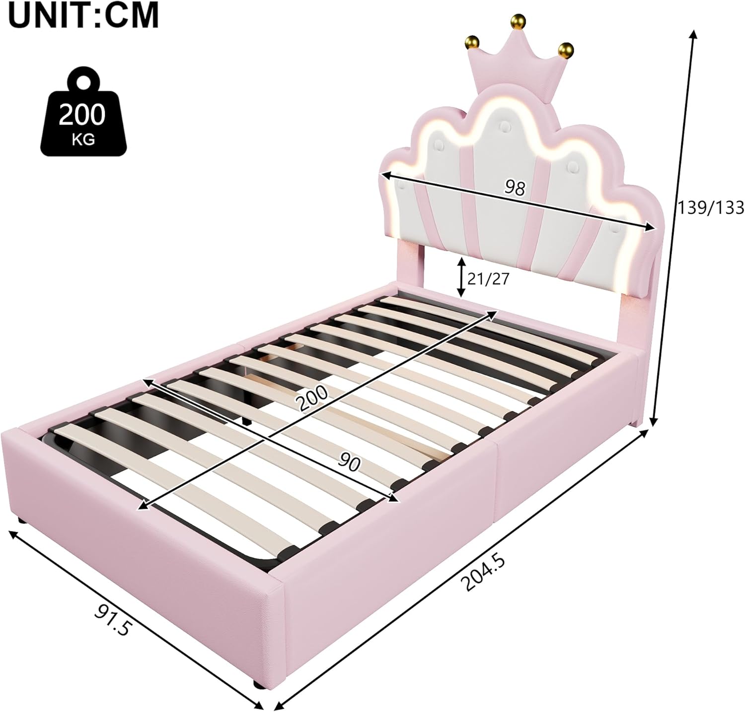 Kebnor Letto imbottito, senza materasso, striscia luminosa a LED, con meccanismo di sollevamento idraulico, letto da principessa a forma di corona, testiera regolabile, PU (90 x 200 cm, rosa)