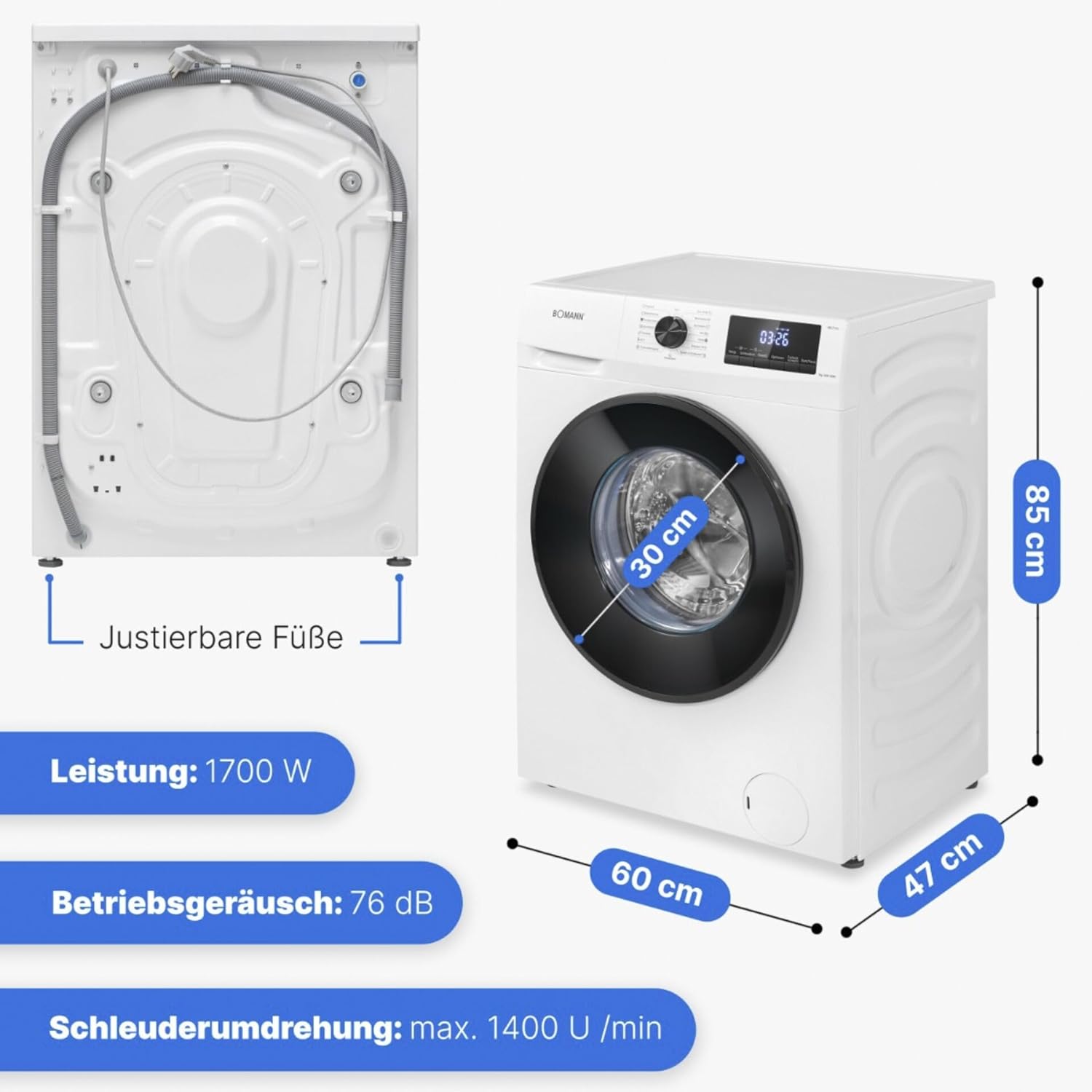 Bomann Waschmaschine 7kg | max. 1400 U/min | 10 Jahre Motor-Garantie | effizienter, leiser & langlebiger Invertermotor | 15 Programme | Endzeitvorwahl | LED-Display | Washing Machine | WA 7175 wei