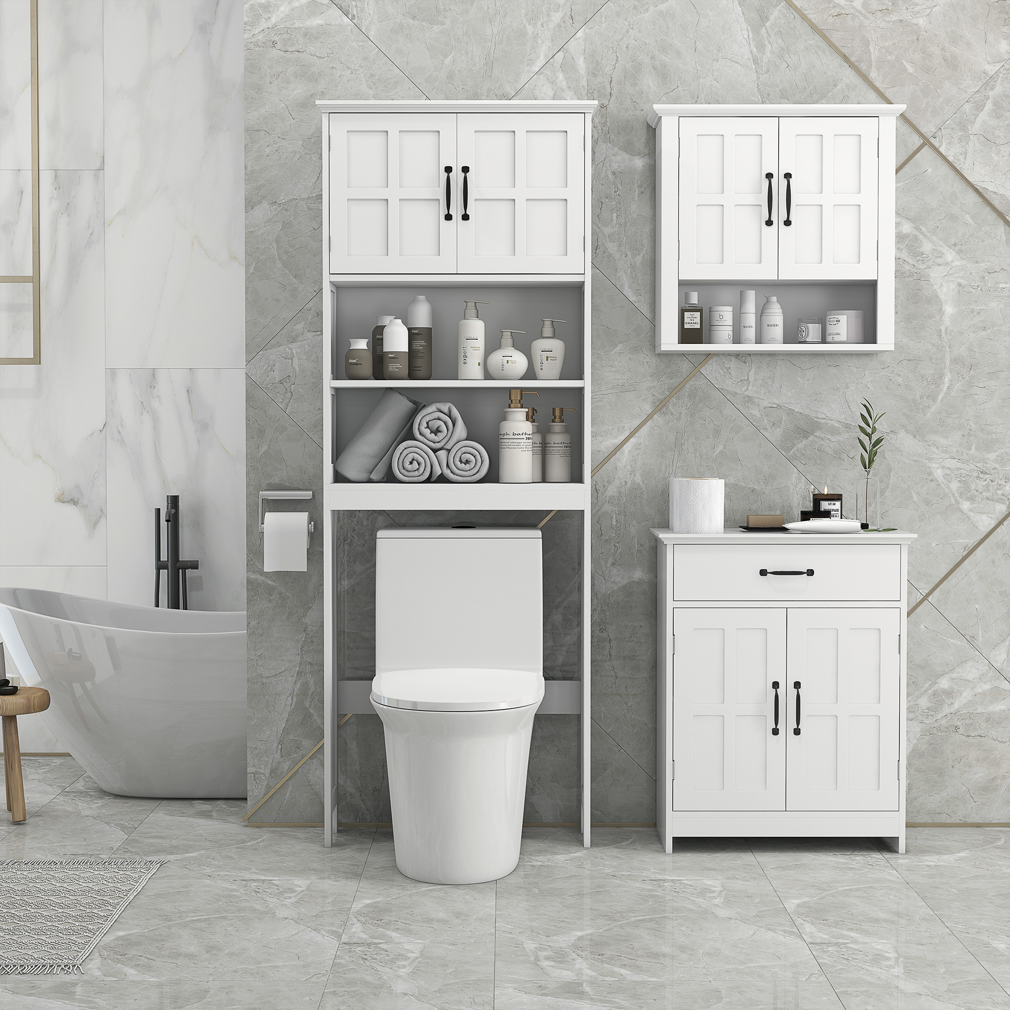 kleankin WC-Möbel über der Toilette Badezimmerschrank mit Nischen Doppeltür verstellbares Regal