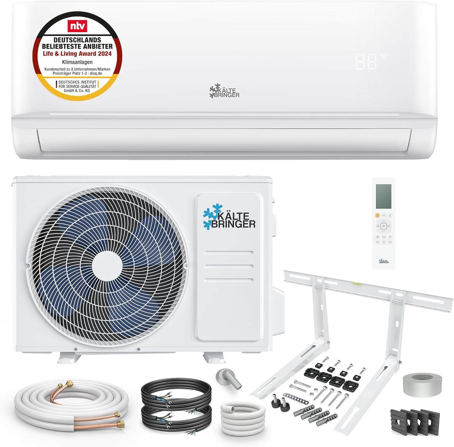 Kältebringer Split Klimaanlage - 9000 BTU (2,6 kW) - Klimagerät mit Heizfunktion, WiFi & App, bis 45qm, sehr leise - Set mit 5m Kupferleitung, Kältemittel R32, Montagematerial, Wandhalterung