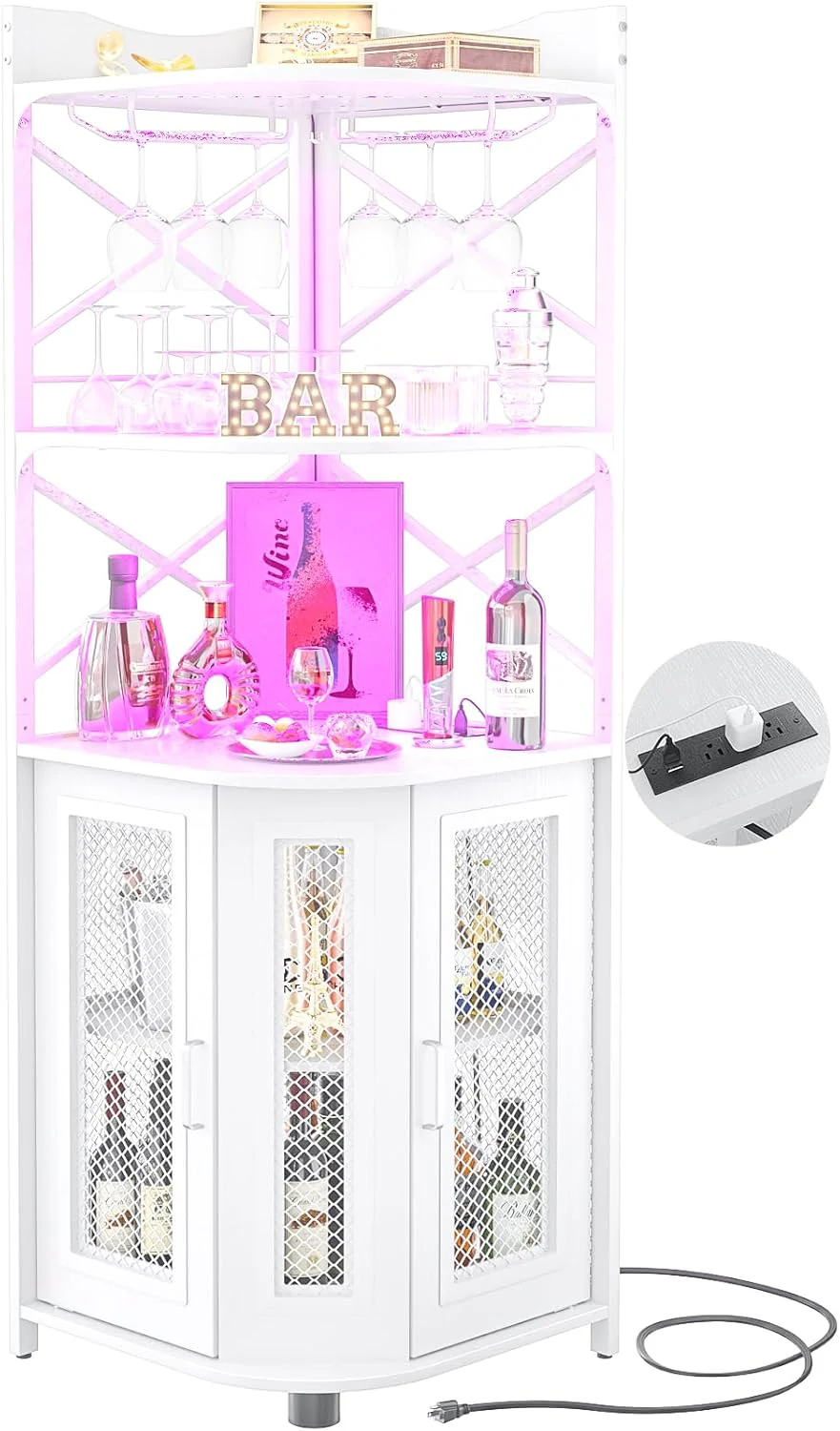 Aheaplus Corner Bar Cabinet with Power Outlet, Industrial Wine Cabinet with LED Strip and Glass Holder, 5-Tiers Liquor Cabinet Bar Unit for Home, Corner Display Cabinet for Small Space, White Oak