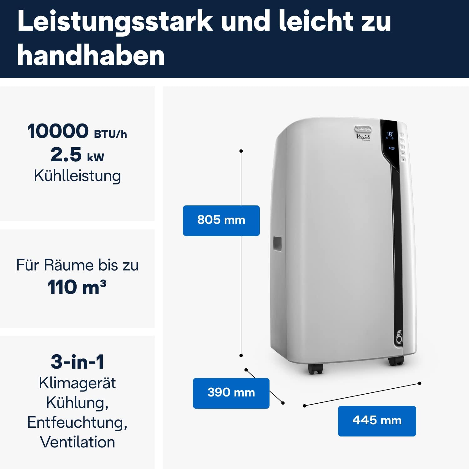 De'Longhi Pinguino PAC EX100 Silent mobiles Klimagerät mit Abluftschlauch, Klimaanlage für Räume bis 110 m³, Luftentfeuchter, Ventilationsfunktion, 24h-Timer, Weiß