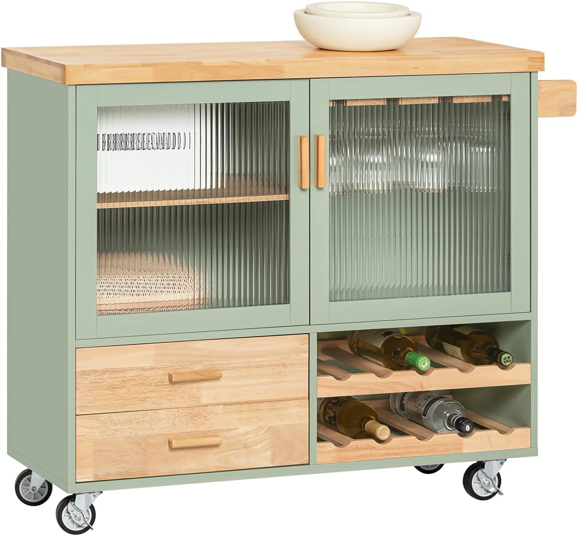 SoBuy FKW114-GR Zielona Szafka Kuchenna Kredens Kuchni Wózek kuchenny na Kółkach Jadalni 109 x 40 x 92cm