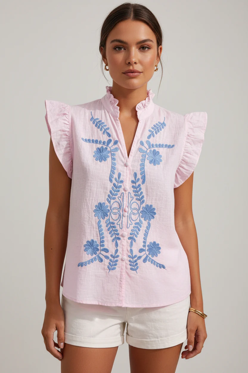 Embroidered Ruffle Sleeveless Blouse �C Rosa | Women's Luxury Cotton Top