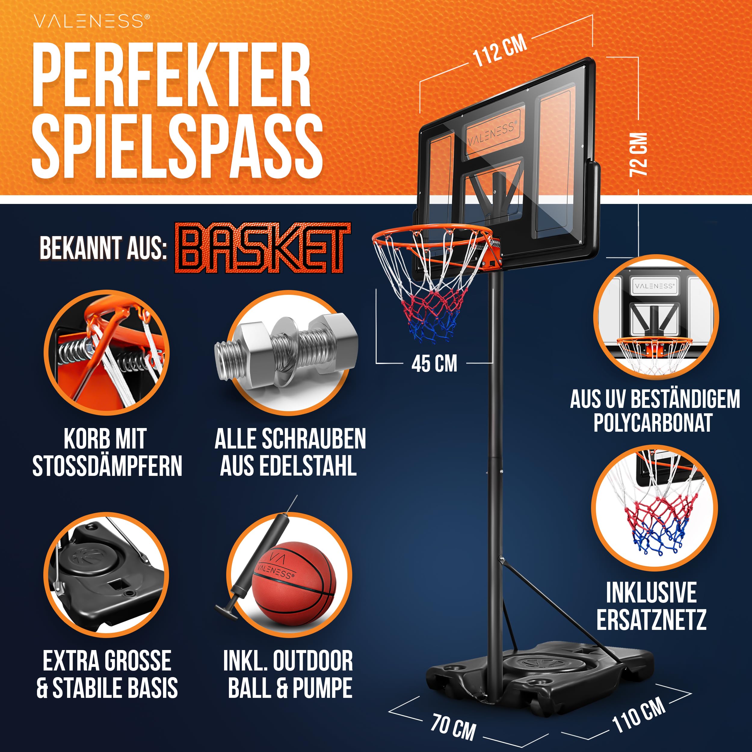 VALENESS Profi Basketballkorb für Outdoor höhenverstellbar von 135 bis 305 cm mit Ball für Garten und Hof