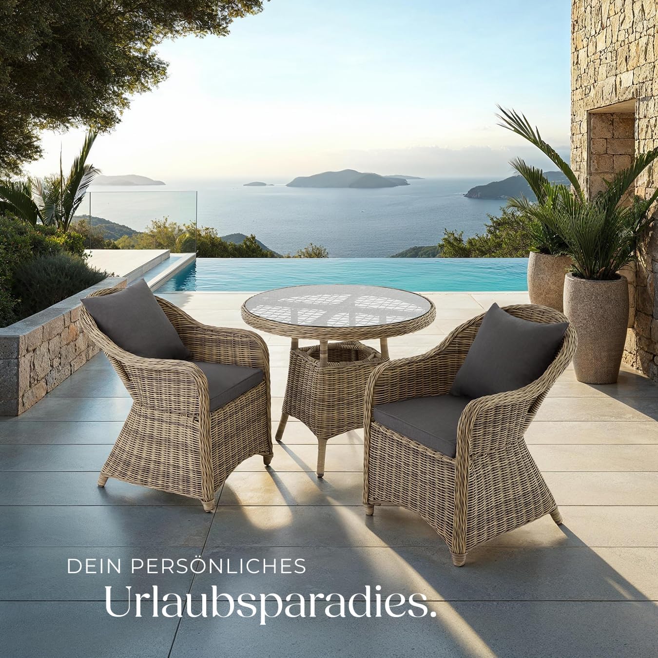 tectake® Alu Polyrattan Gartenstuhl 2er Set, Gartenmöbel Set mit 2 Sessel, wetterfest, Rattan Gartensessel mit weichen Sitzpolster, abziehbarer und waschbarer Bezug, stabil und bodenschonend - Natur