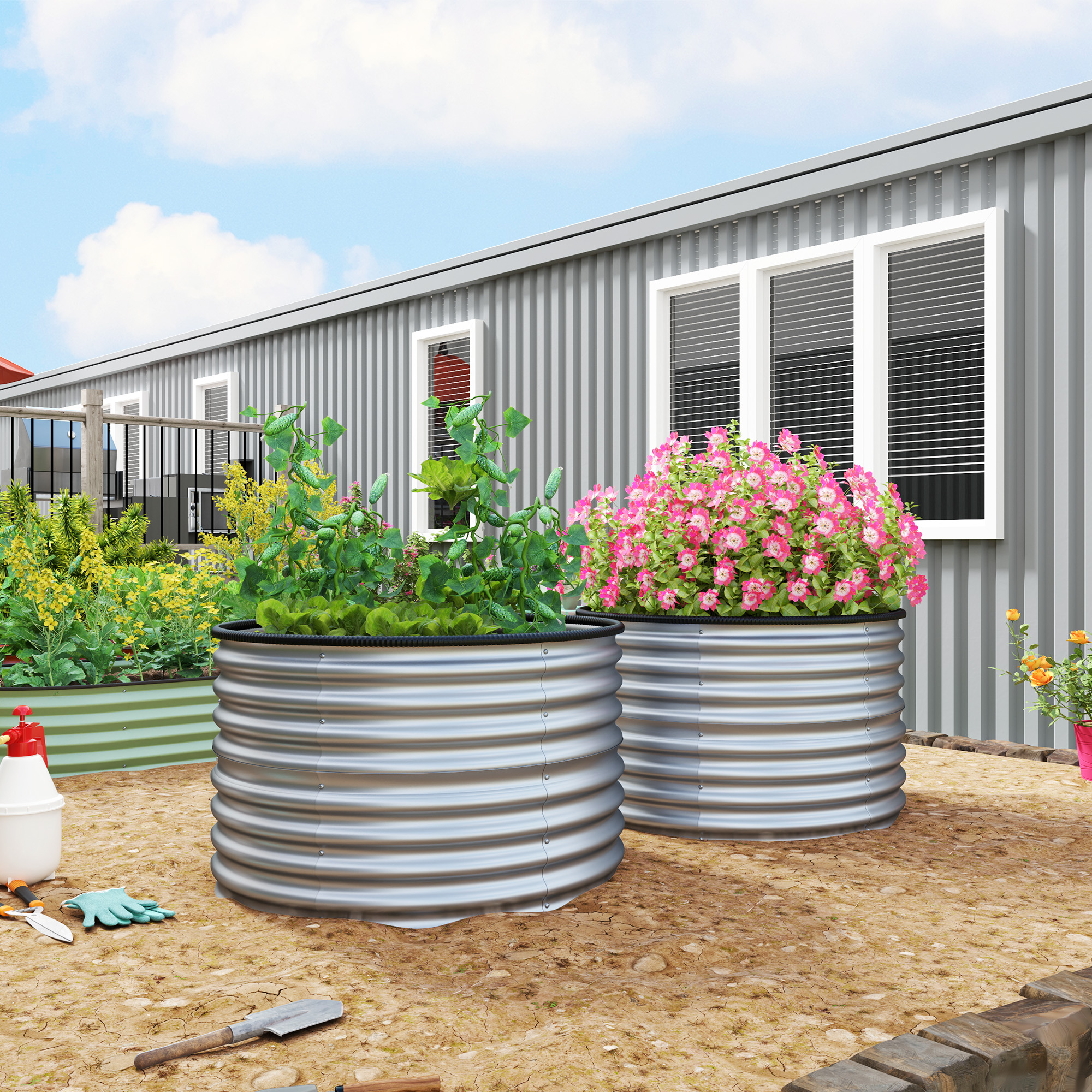 Outsunny Set von 2 erhöhten Pflanzkästen, rundes erhöhtes Pflanzkastenset, offene Böden, verzinkter Stahl, 90 x 90 x 56 cm, Silber