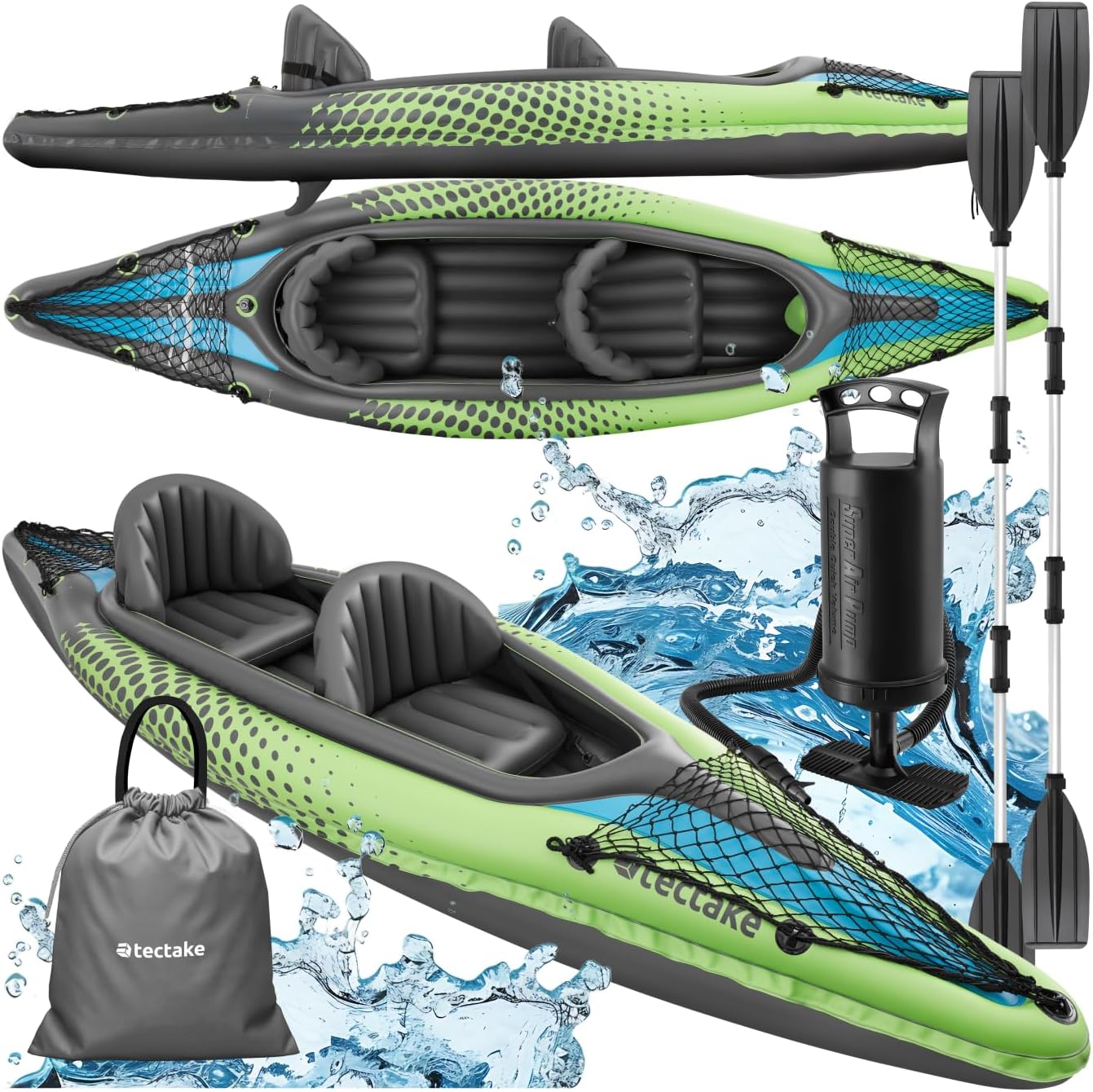 tectake? Kayak Gonfiabile per 2 Persone, 2 Remi, 2 Pinne Inseribili, 3 Camere d'Aria, Pompa a Doppio Effetto, Sedili Rimovibili, Reti di Trasporto, Kit di Riparazione - Verde