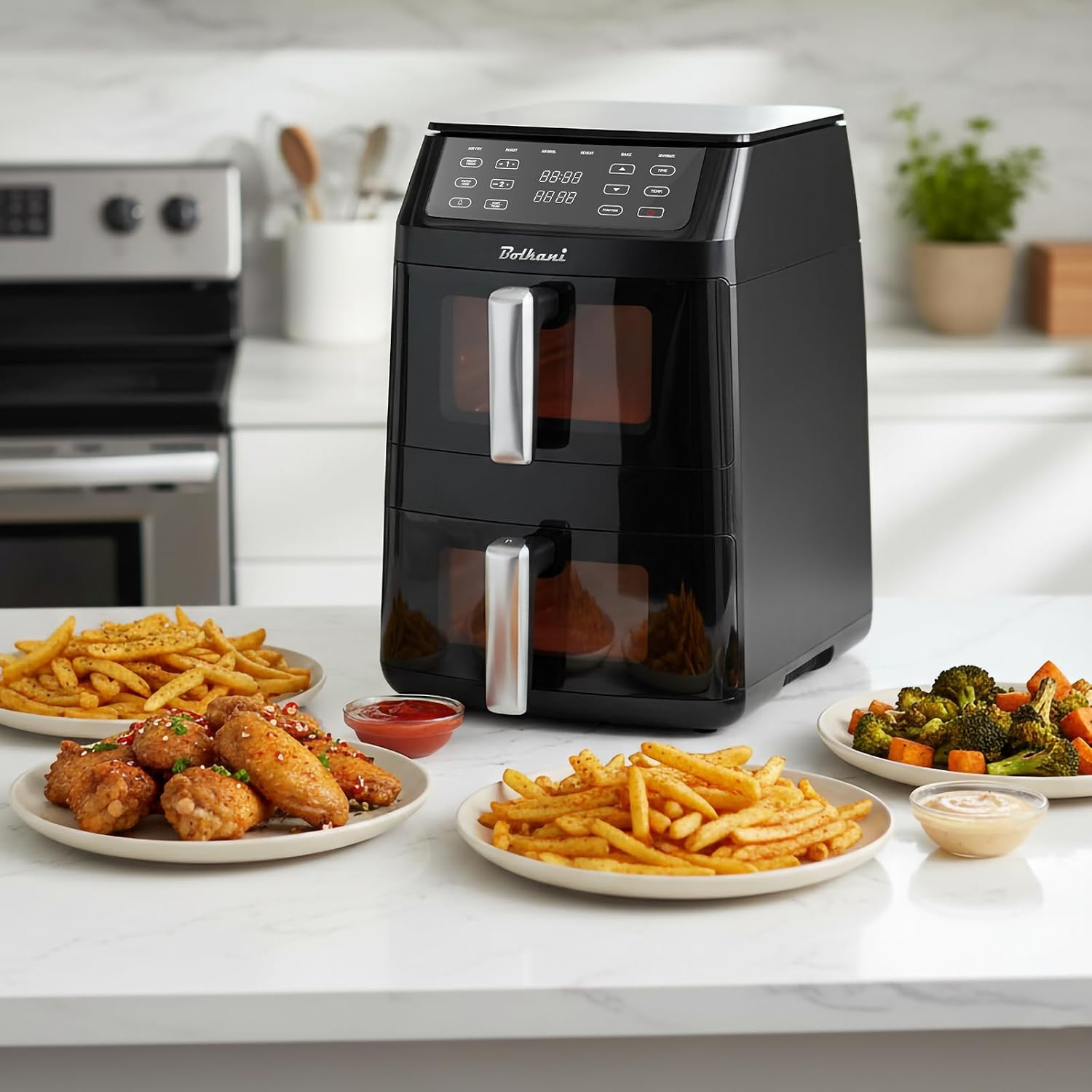 Friggitrice ad Aria Doppia XXL 11L con 2 Camere Verticali, Smart Finish & Sync, Luce Interna, Oblò in Vetro, 6 Programmi Automatici, Funzione Grill, Touchscreen.